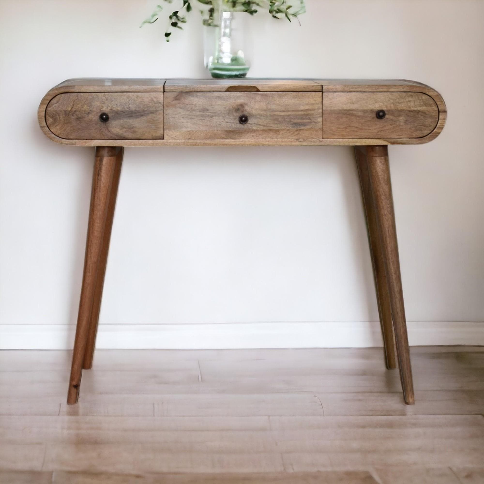 Solid Mango Wood Round Dressing Table 3 Drawers and Foldable Mirror, Hand‑finished Desk with Oak-ish Finish, 40L x 100W x 80H cm, Brown | Aosom UK