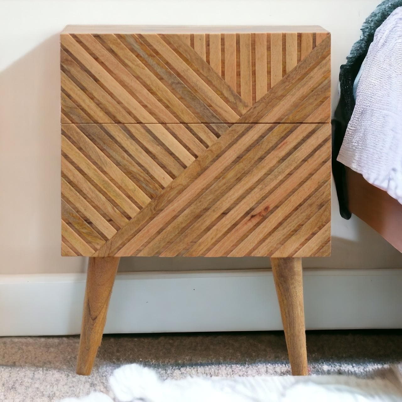100% Solid Wood 2-Drawer Bedside Table with Zig-Zag Geometric Front, Desk with Hand-Finished Craftsmanship, 35L x 45W x 58H cm, Brown | Aosom UK