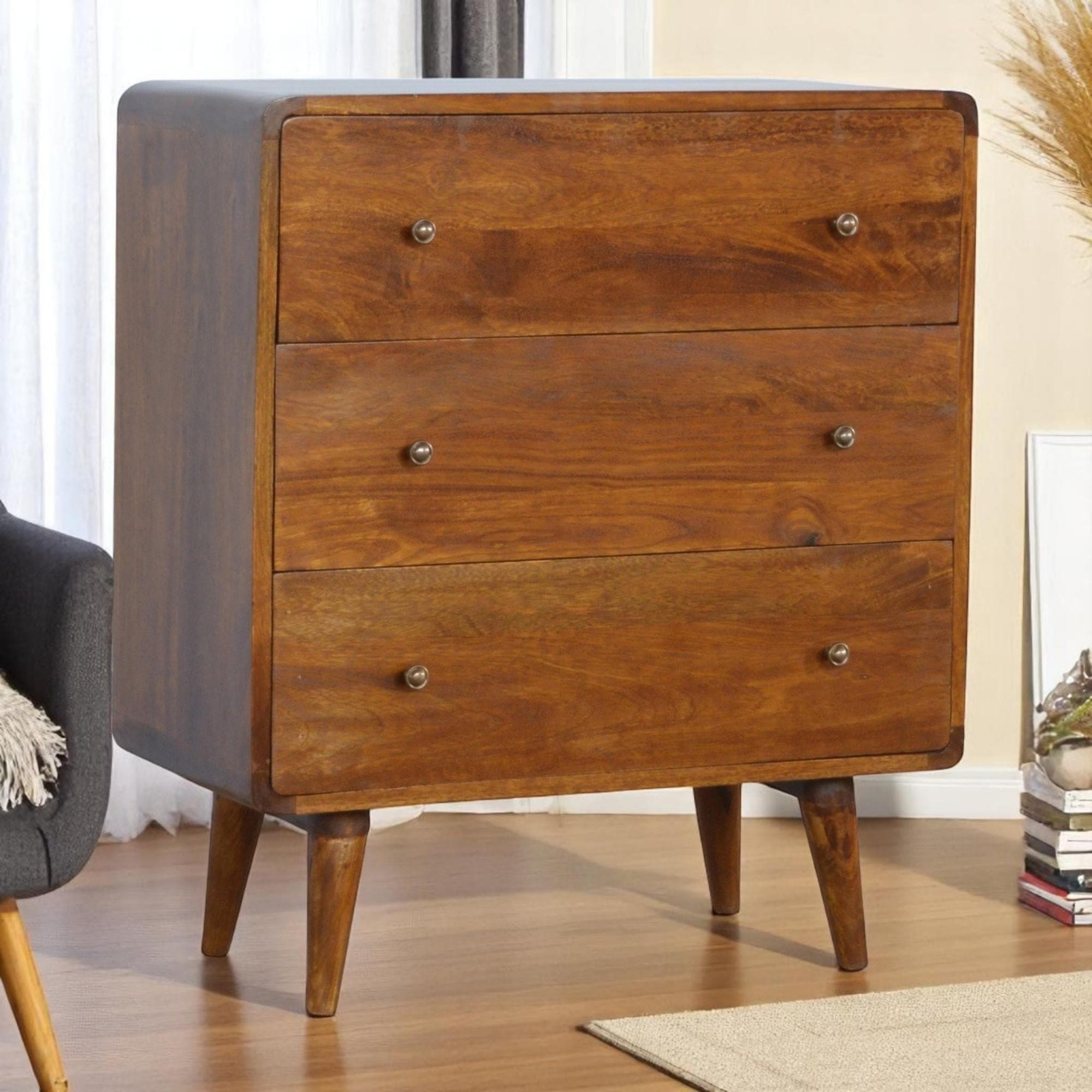 Wooden Chest of Drawers, 3-Drawers Storage Cabinet with Slim Tapered Leg for Bedroom, Brown | Aosom UK