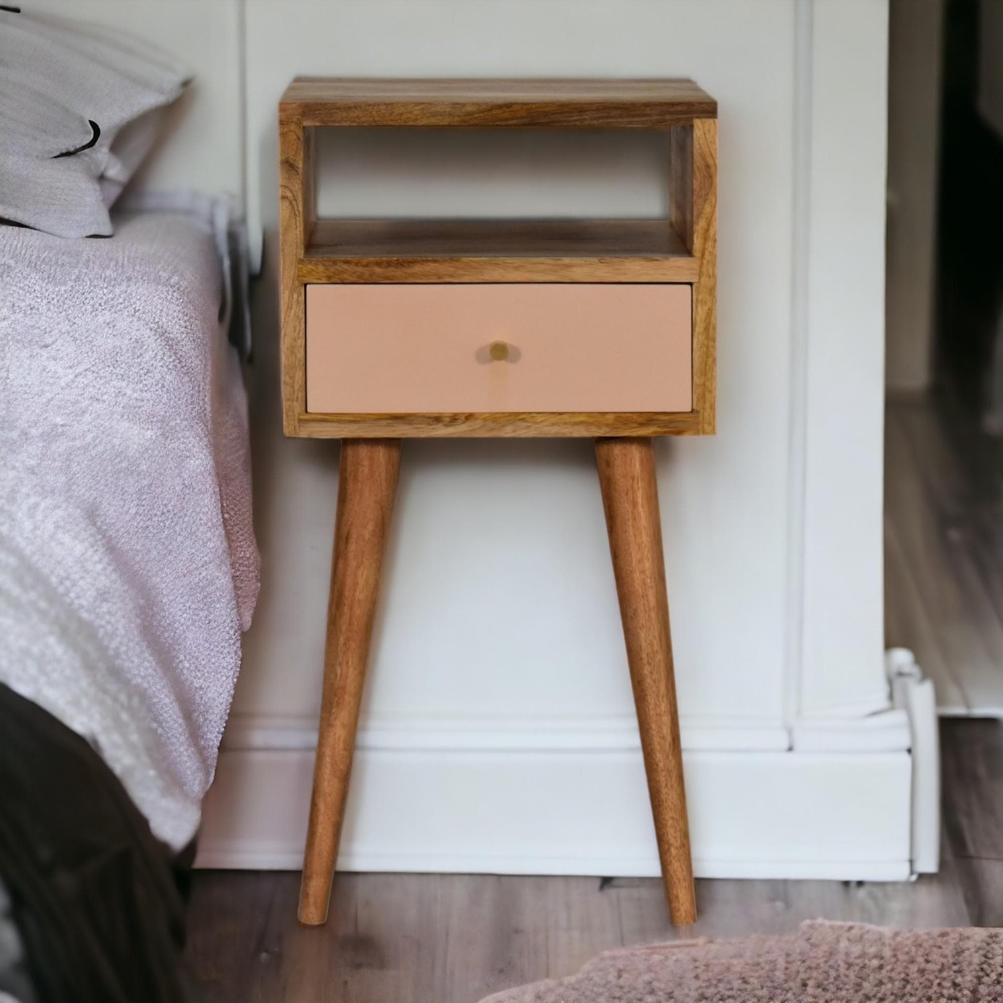 Wood Bedside Table with Drawer, Narrow Nightstand with Open Shelf, Distinct Grain for Storage, Brown | Aosom UK