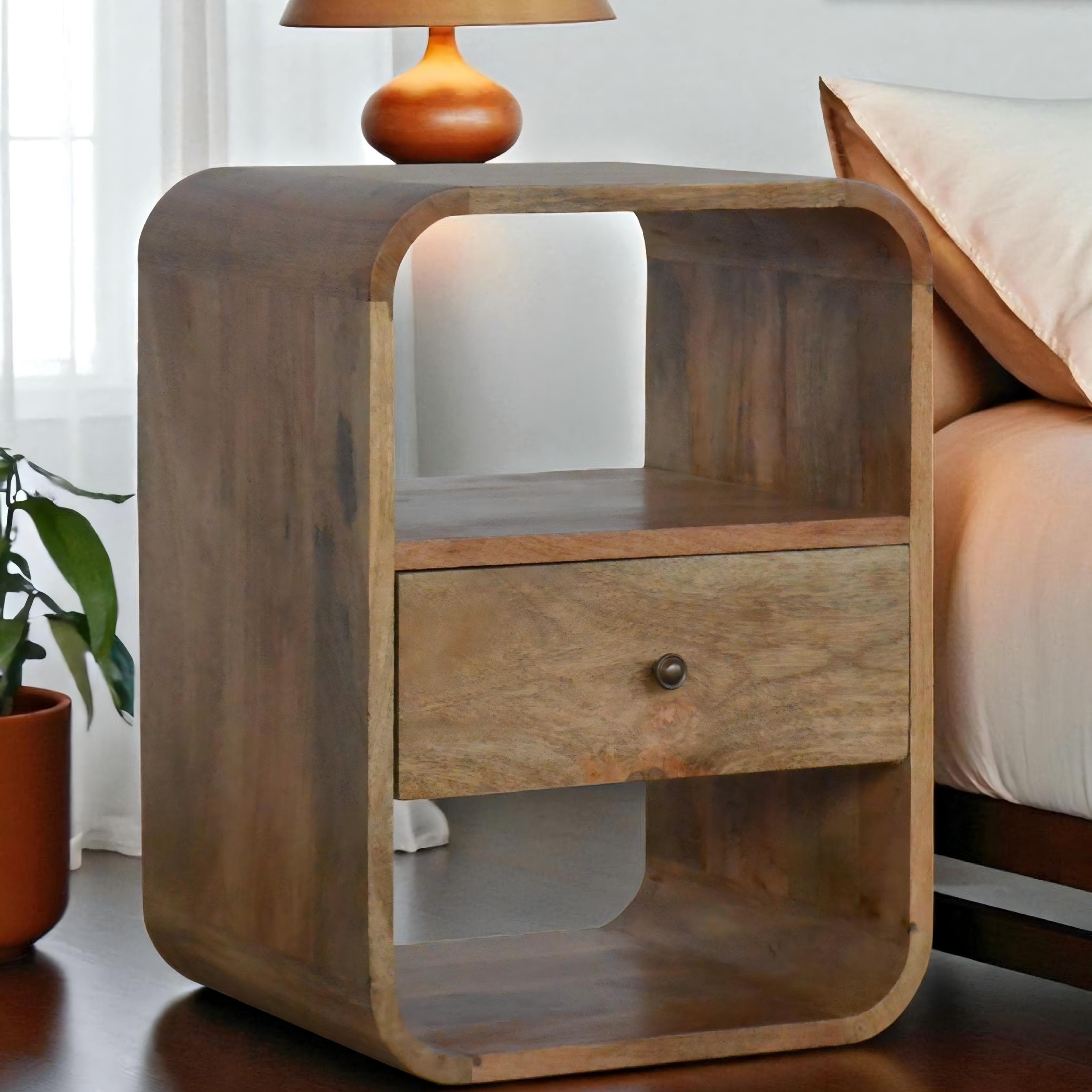 Wood Nightstand with Drawer & 2 Open Slots, Stain Finish, Bedside Cabinet for Bedroom & Living Room, Brown | Aosom UK