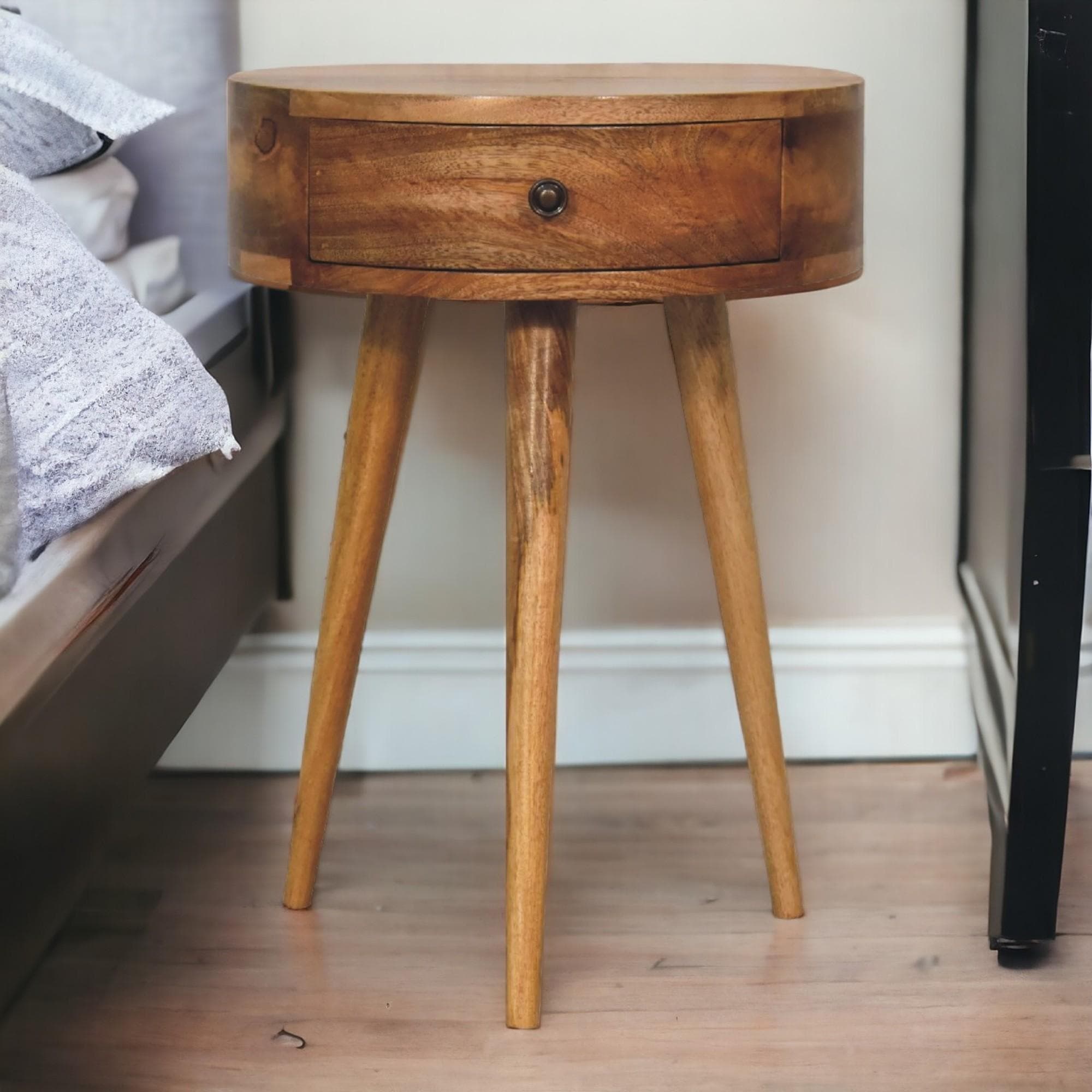 Solid Mango Wood Mini Circular Bedside Table with Smooth-Glide Drawer and Oak-Effect Finish, Desk for Bedroom, 32L x 40W x 52H cm, Brown | Aosom UK