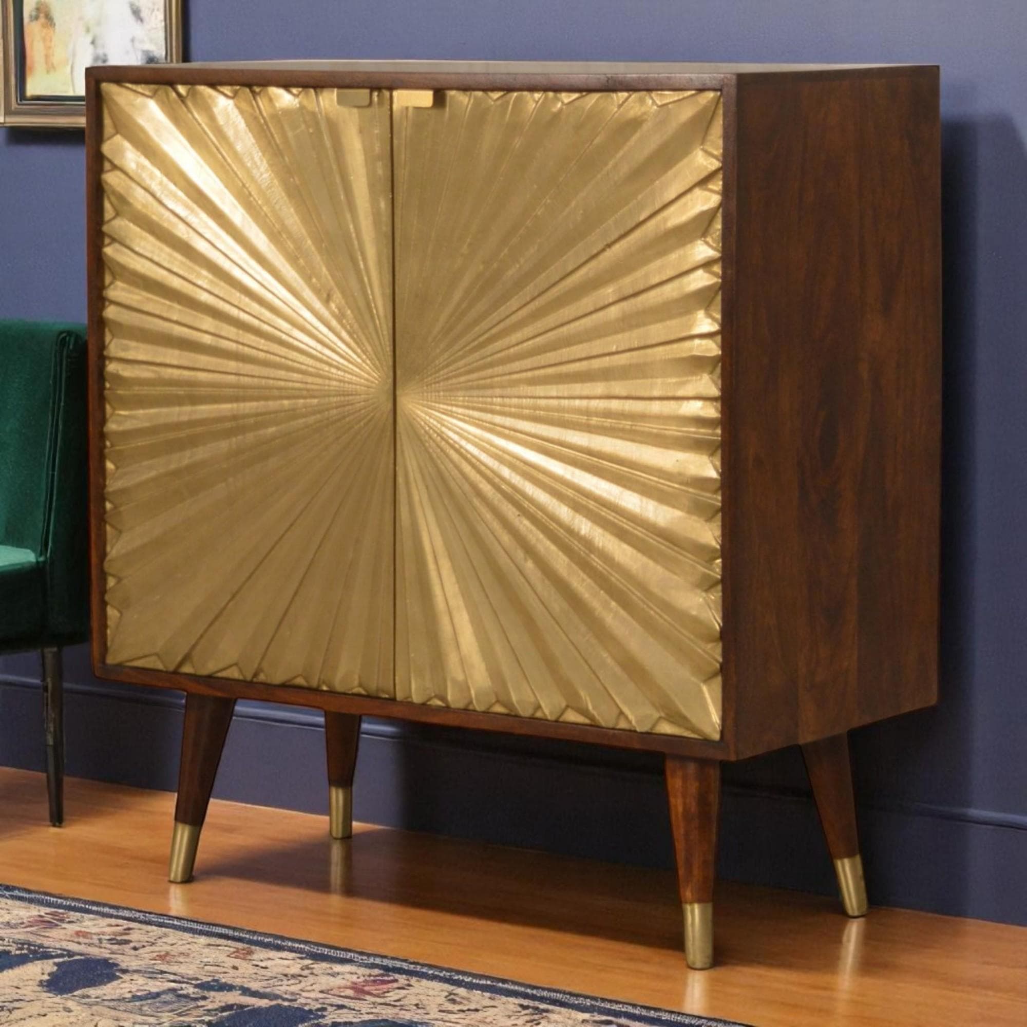 Solid Mango Wood Bedside Cabinet with Brass-Plated Doors, Clear Natural Finish, Cupboard for Living Room, 35L x 75W x 80H cm, Brown | Aosom UK