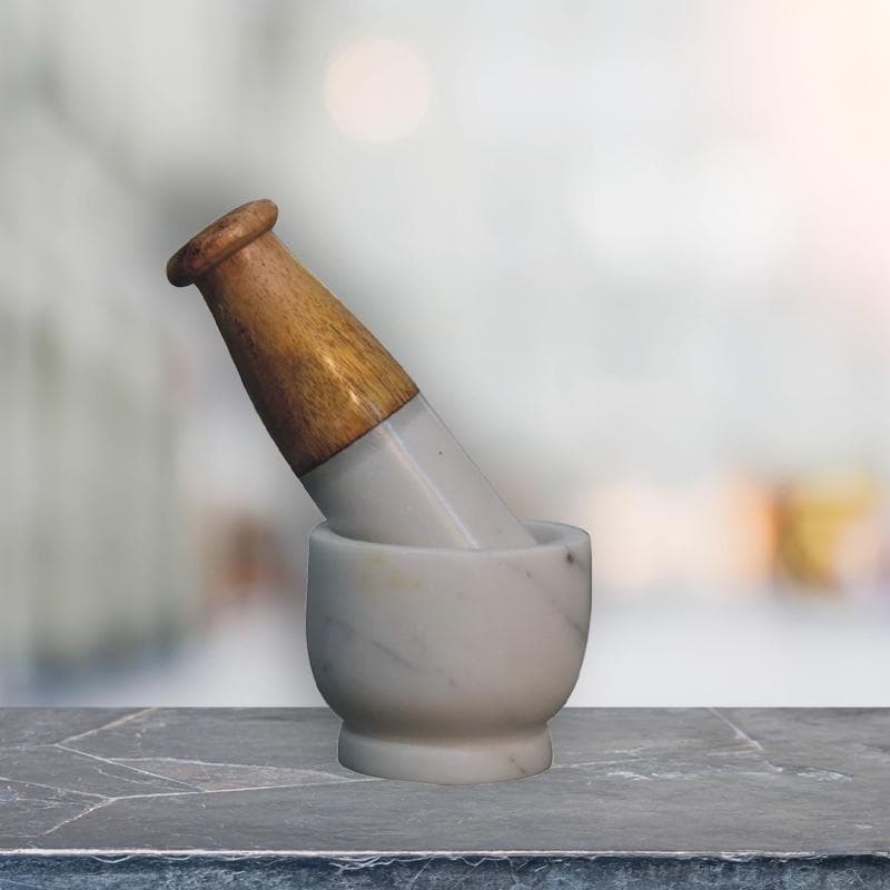 Small Marble Pestle & Mortar Set, Handmade Wooden Handle, Compact Spice Grinder for Herbs, 7 x 7 x 6 cm, Brown & White | Aosom UK