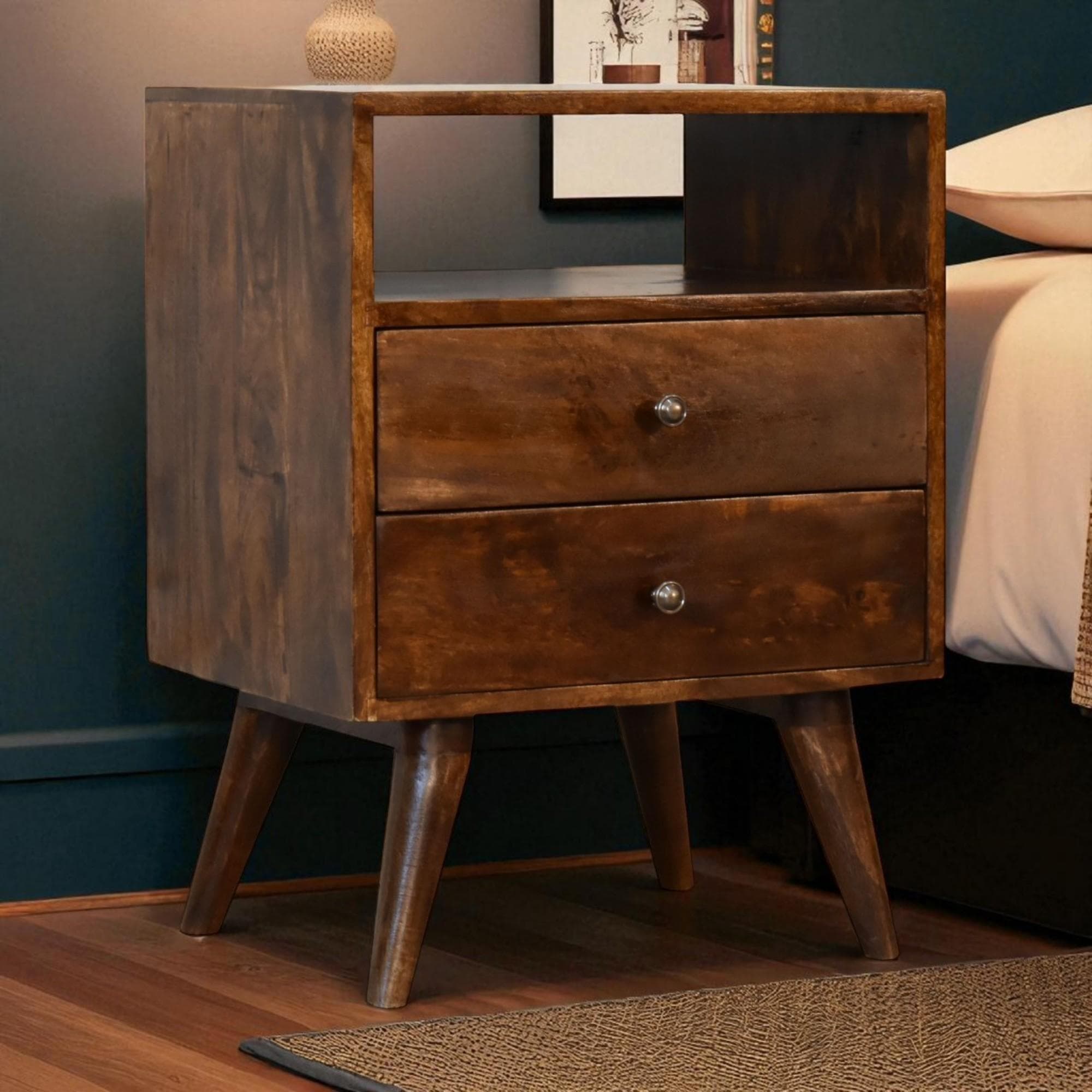 Bedside Cabinet with 2-Drawers & Open Shelf, Classic Nightstand for Home Display & Storage, 35L x 45W x 60H cm, Brown | Aosom UK