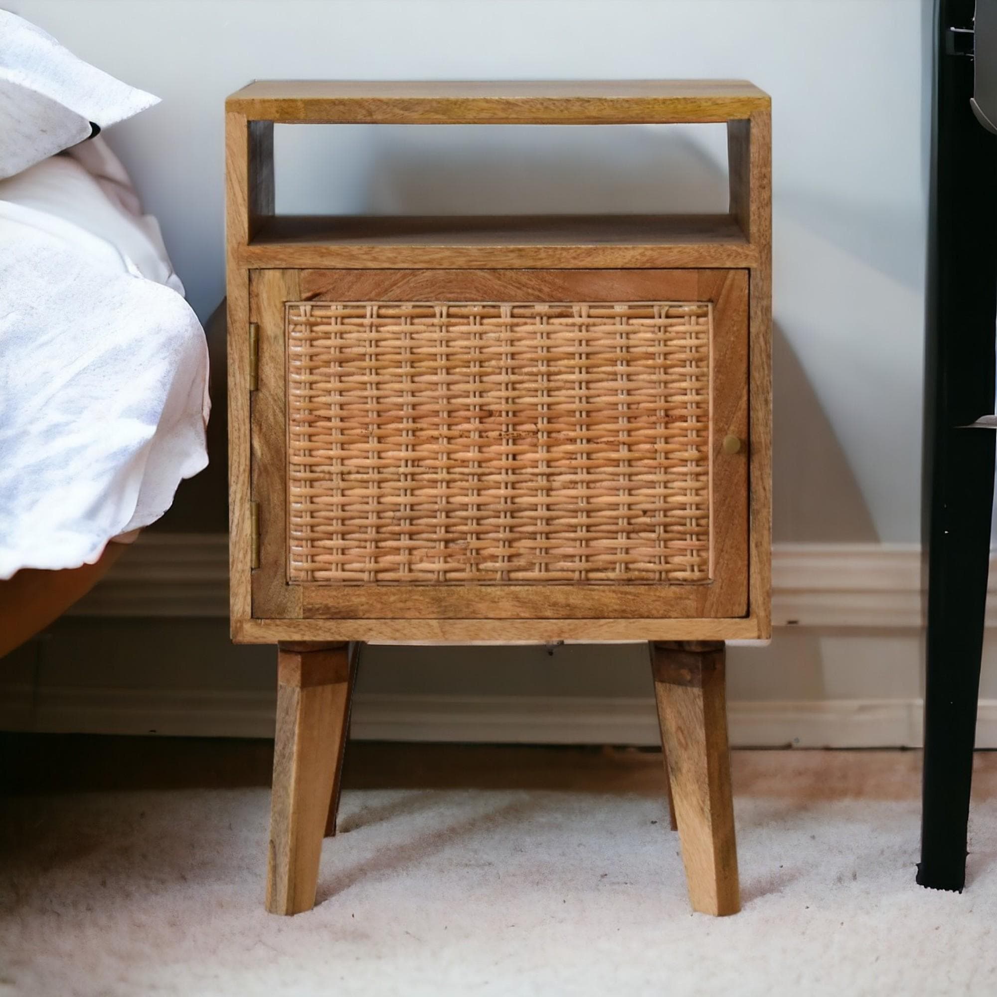 Solid Wood Bedside Cabinet, Mini Nightstand with Knitted Fabric Door & Open Slot, Cotton-Blend, Brown | Aosom UK