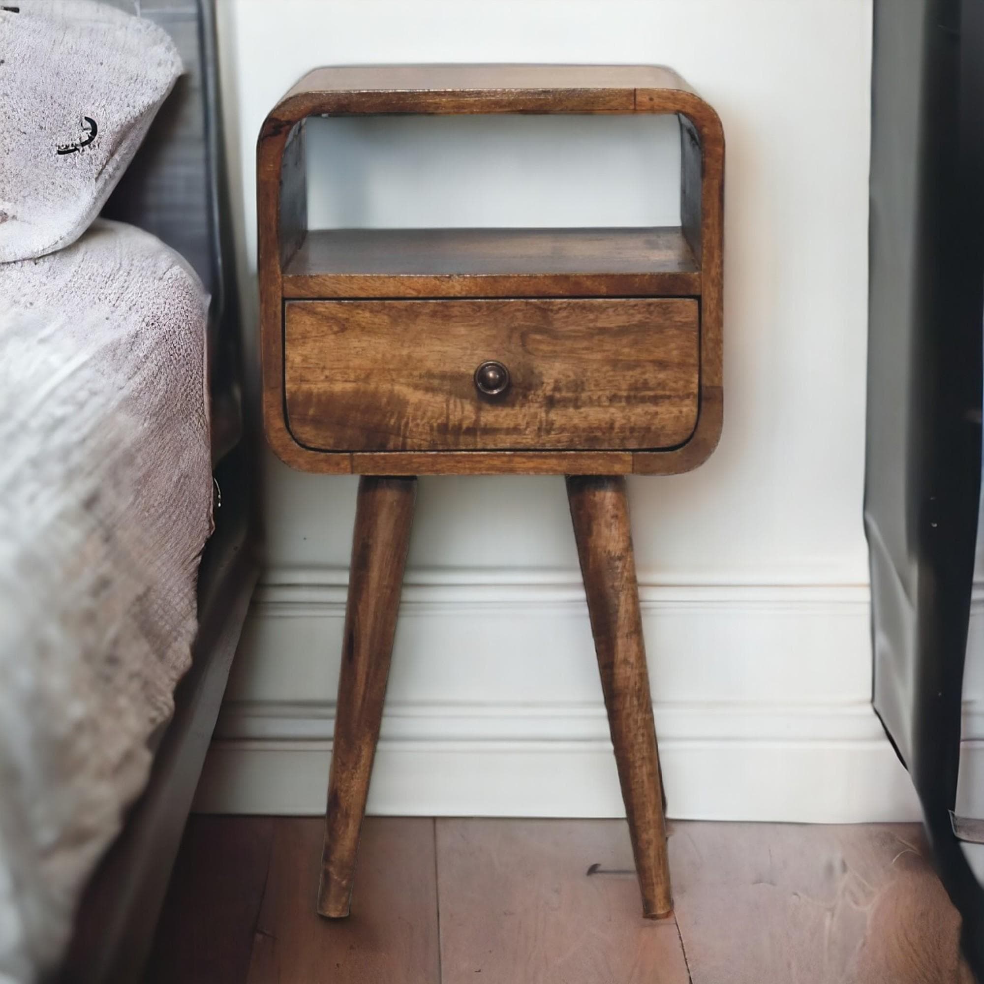 Solid Mango Wood Mini Curved Bedside Table with Drawer and Open Shelf, Desk with Aged Weathered Finish, 30L x 30W x 55H cm, Brown | Aosom UK