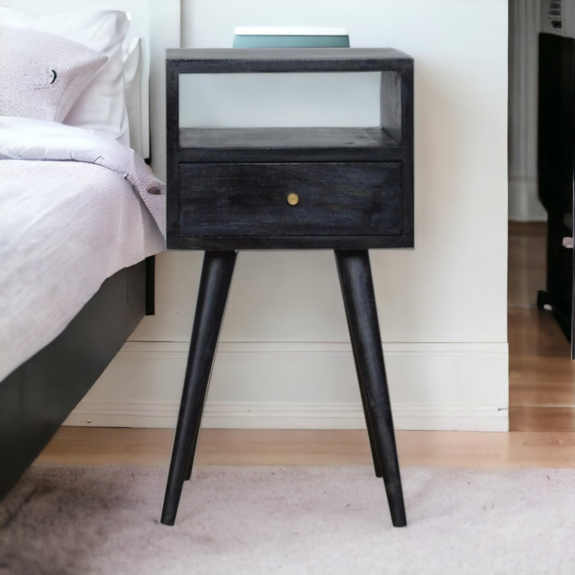 Mini Nightstand with Drawer and Open Shelf, Sustainable Construction, Small side table for Bedroom, 30L x 30W x 57H cm, Black | Aosom UK