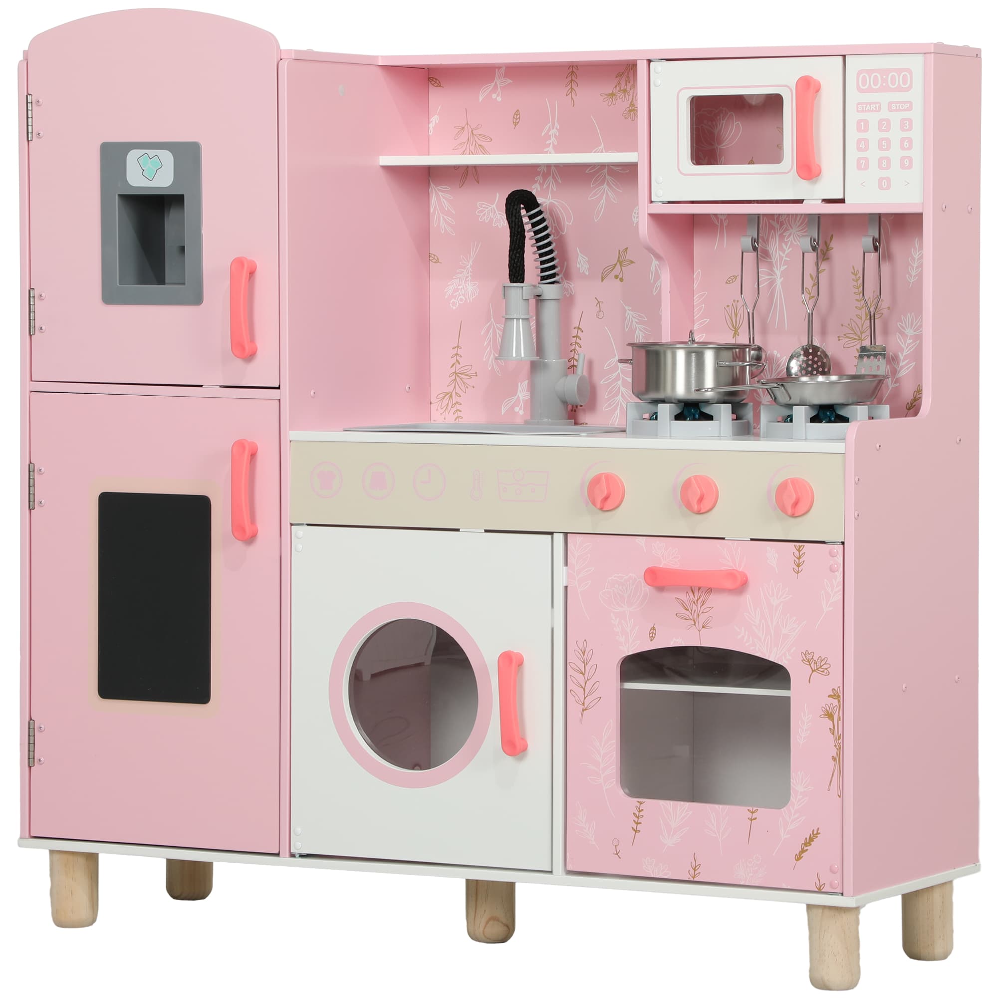 AIYAPLAY Play Kitchen, Kids Kitchen Set with Lights and Sounds, Double Stoves, Ice Maker, Chalkboard for 3+ Years - Pink