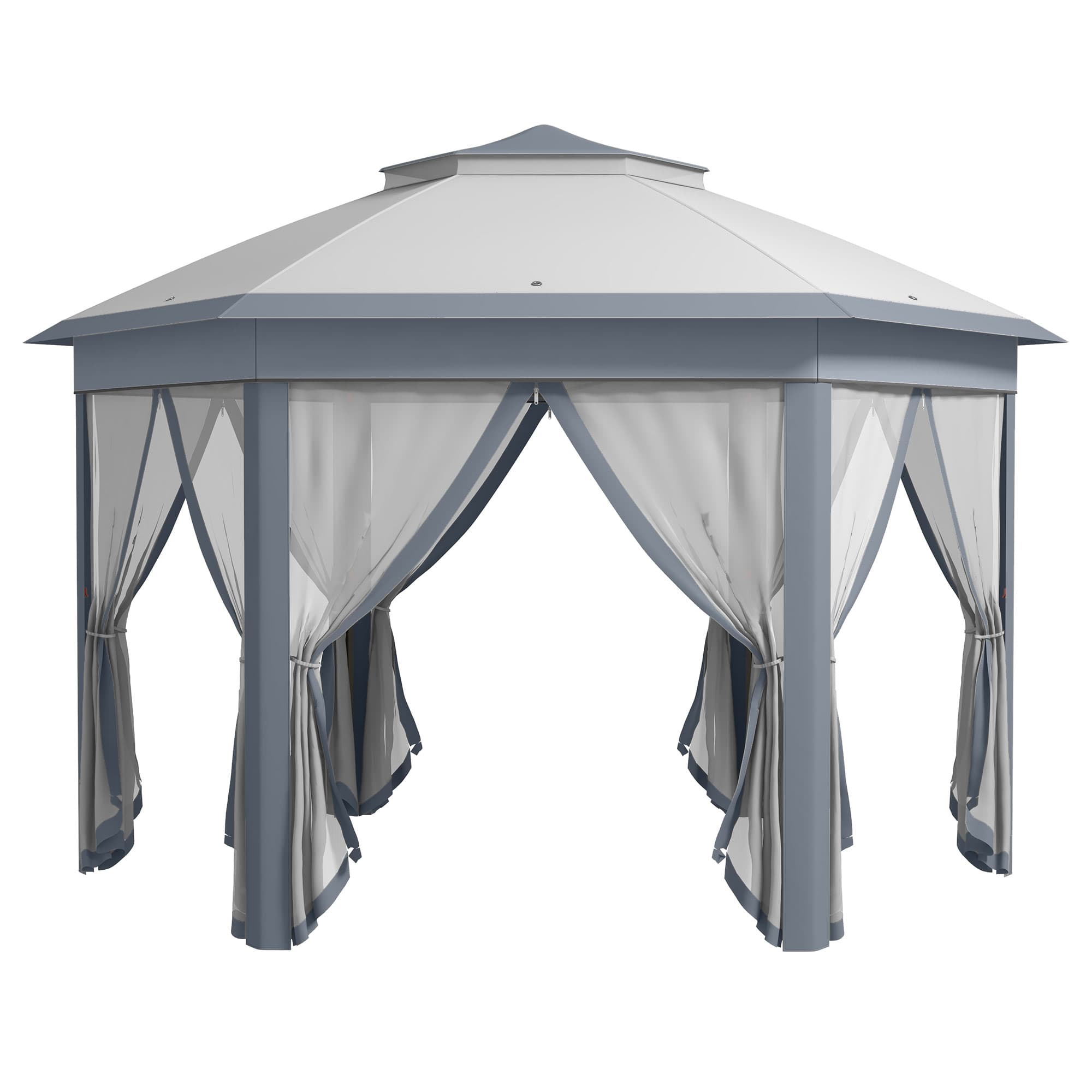 Outsunny 4x4m Pop Up Hexagon Gazebo, Instant Outdoor Shelter with Double Roof & Mesh Curtains, Large Gazebo for Outdoor Parties, Grey | Aosom UK