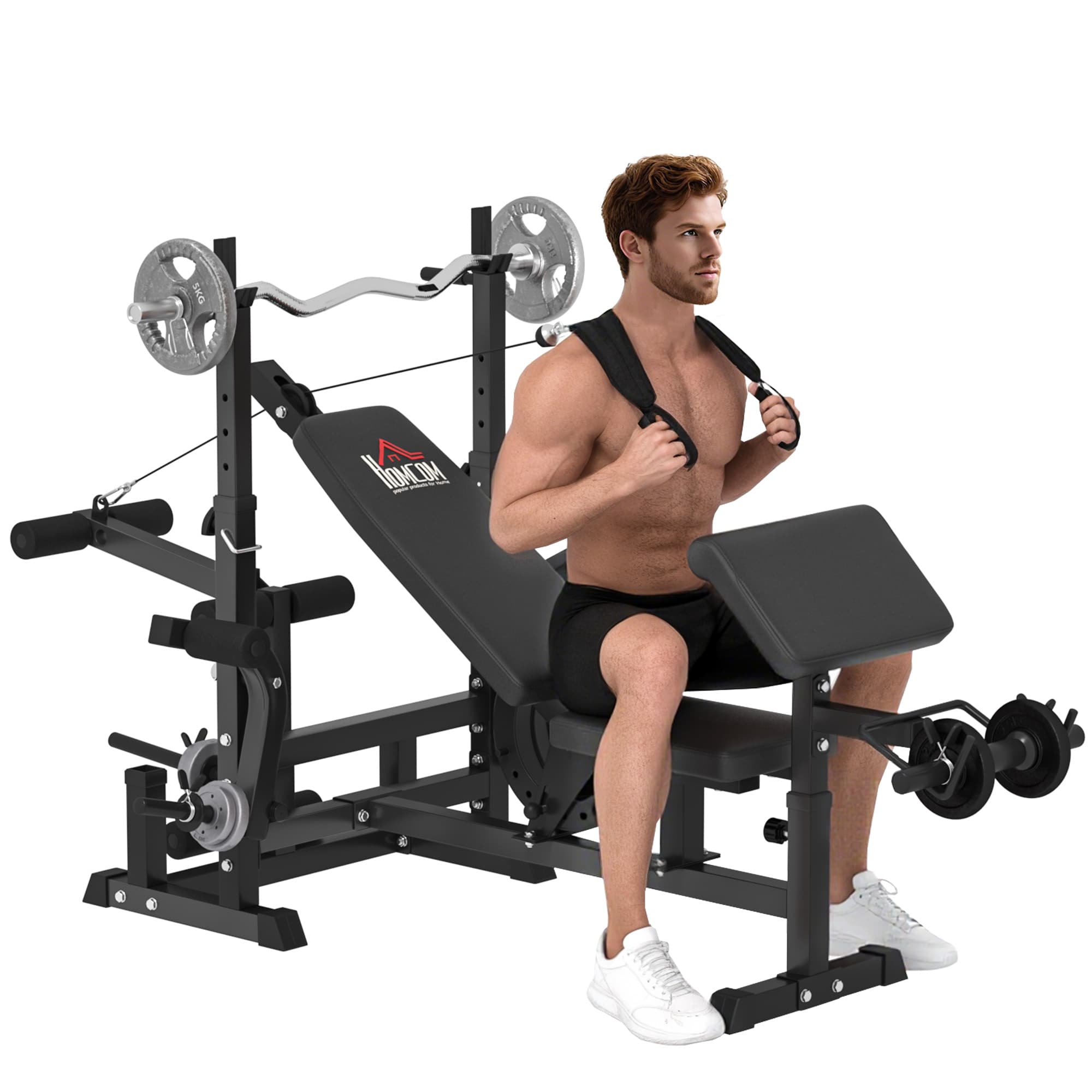 HOMCOM Multi-Exercise Full-Body Weight Rack with Bench Press, Leg Extension, Chest Fly Resistance Band & Preacher Curl