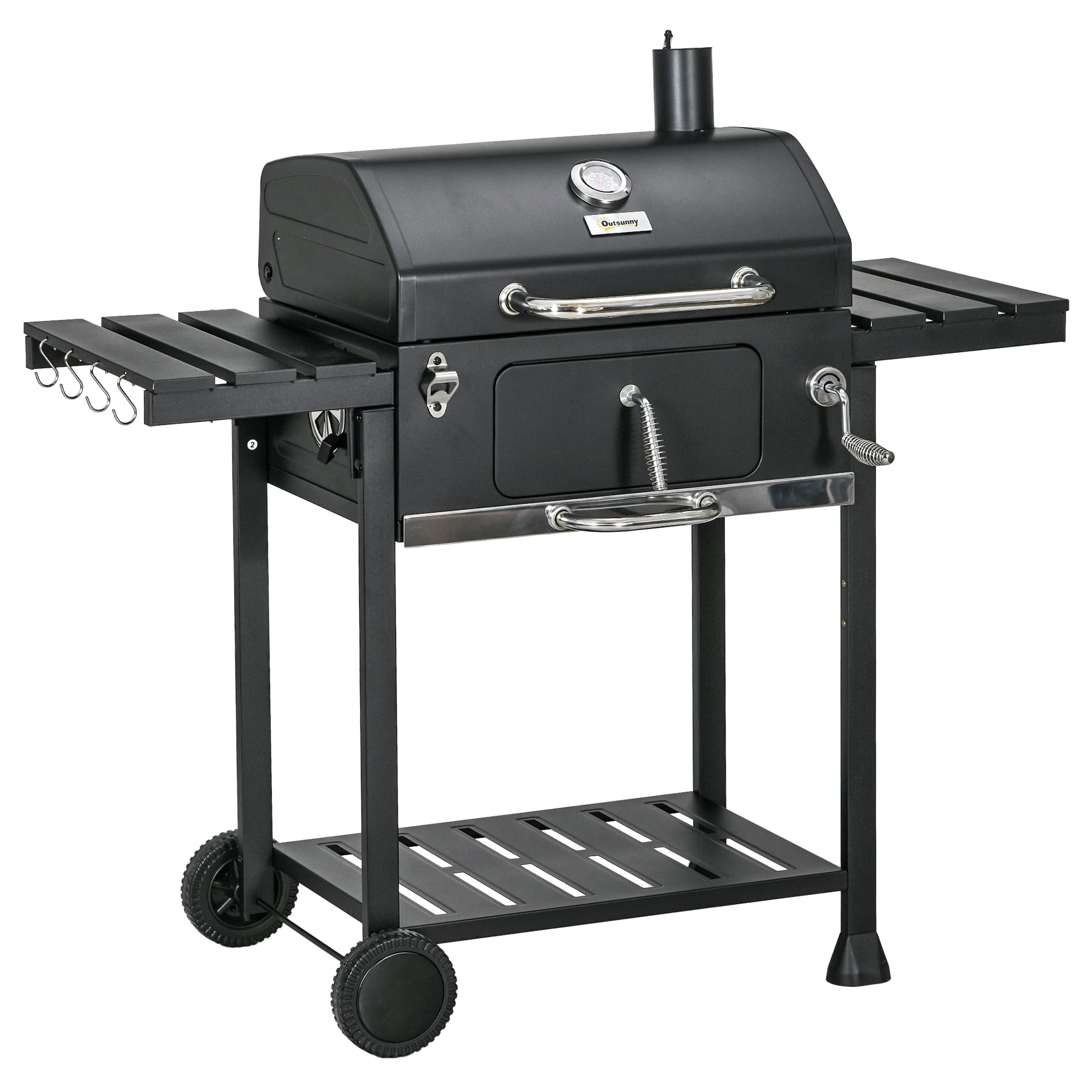 Outsunny Outddor Portable Charcoal BBQ Wide 120cm, with Pull-out Ash Catcher Side Hooks & Bottle Opener, Side & Bottom Shelves | Aosom UK