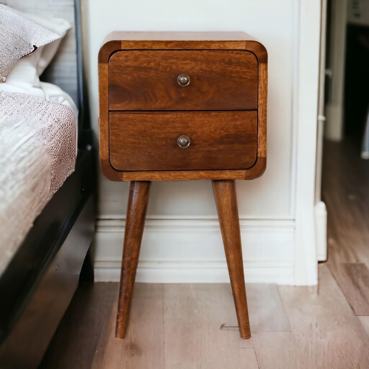 Solid Mango Wood Bedside Table with Smooth-Gliding Drawers, Nordic Legs, Hand-Finished Desk for Living Room, 30L x 30W x 55H cm, Brown | Aosom UK