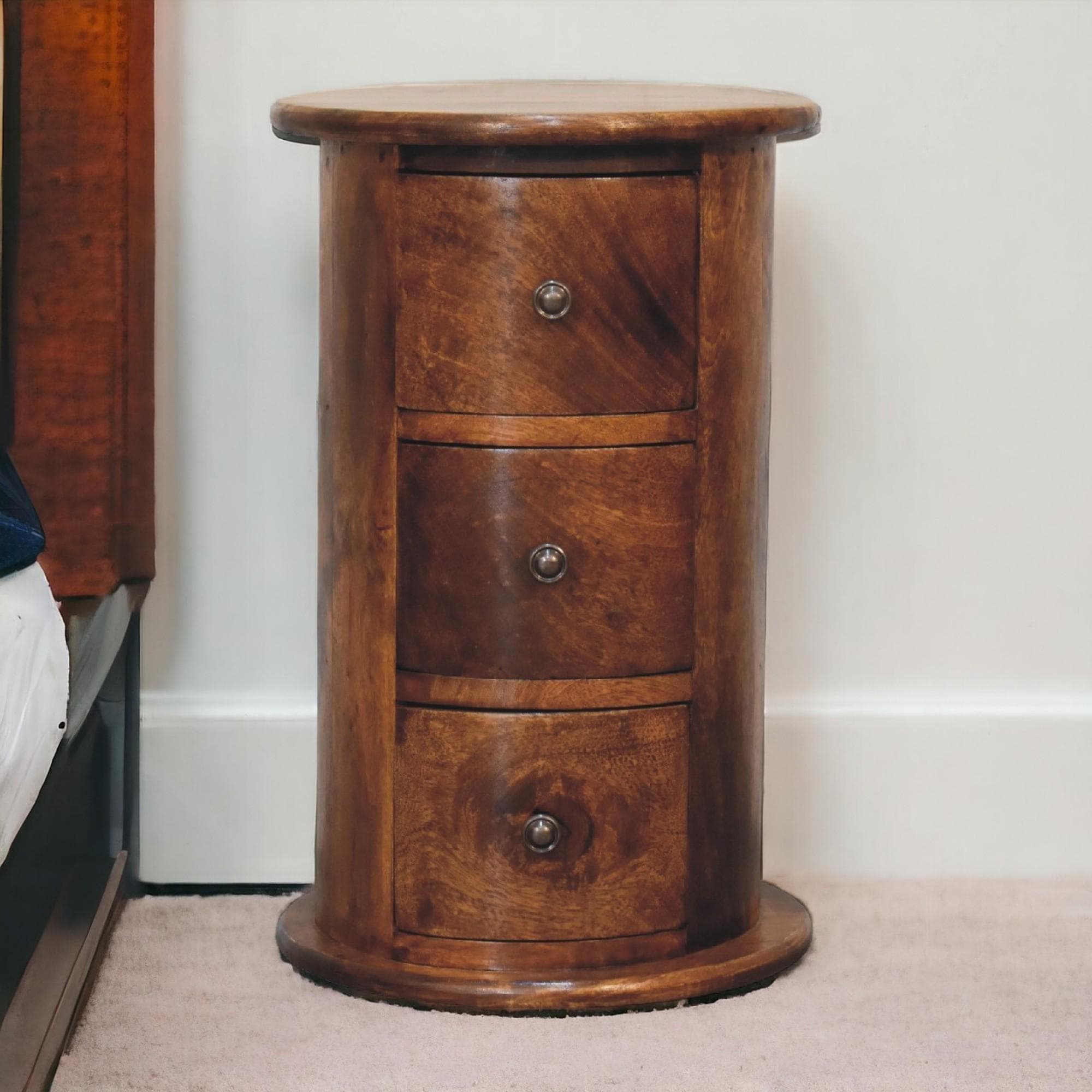 Solid Wood Mini Drum Chest with 3 Smooth-Gliding Drawers, Handcrafted Bedside Table with Stain-Based Finish, 32L x 32W x 50H cm, Brown | Aosom UK