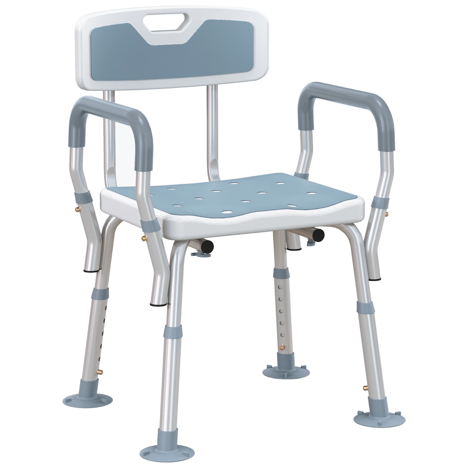 HOMCOM EVA Padded Bath Stool with Back and Arms, 4 Suction Foot Pads, Height Adjustable Shower Chair, Light Blue | Aosom UK