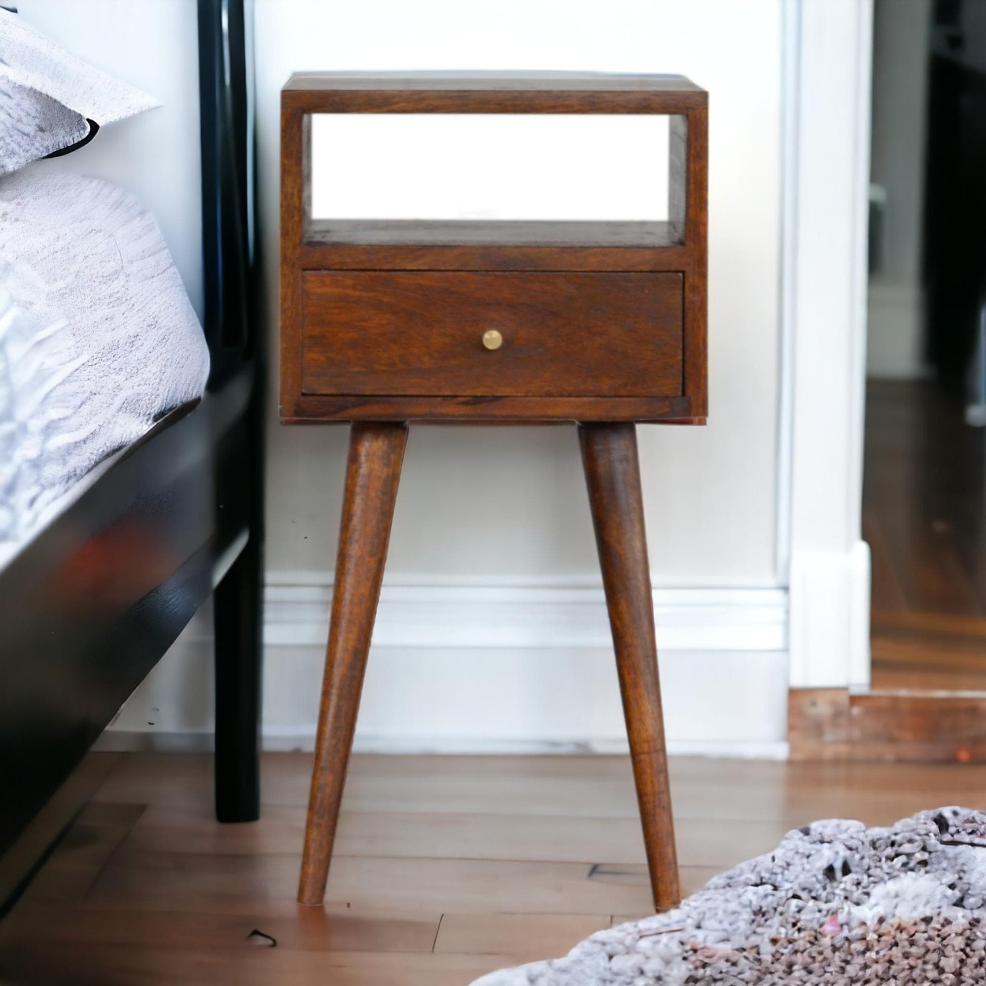 Solid Wood Mini Bedside Table with Smooth-Gliding Drawer and Open Shelf, Handcrafted Desk with Stain Finish, 30L x 30W x 57H cm, Brown | Aosom UK