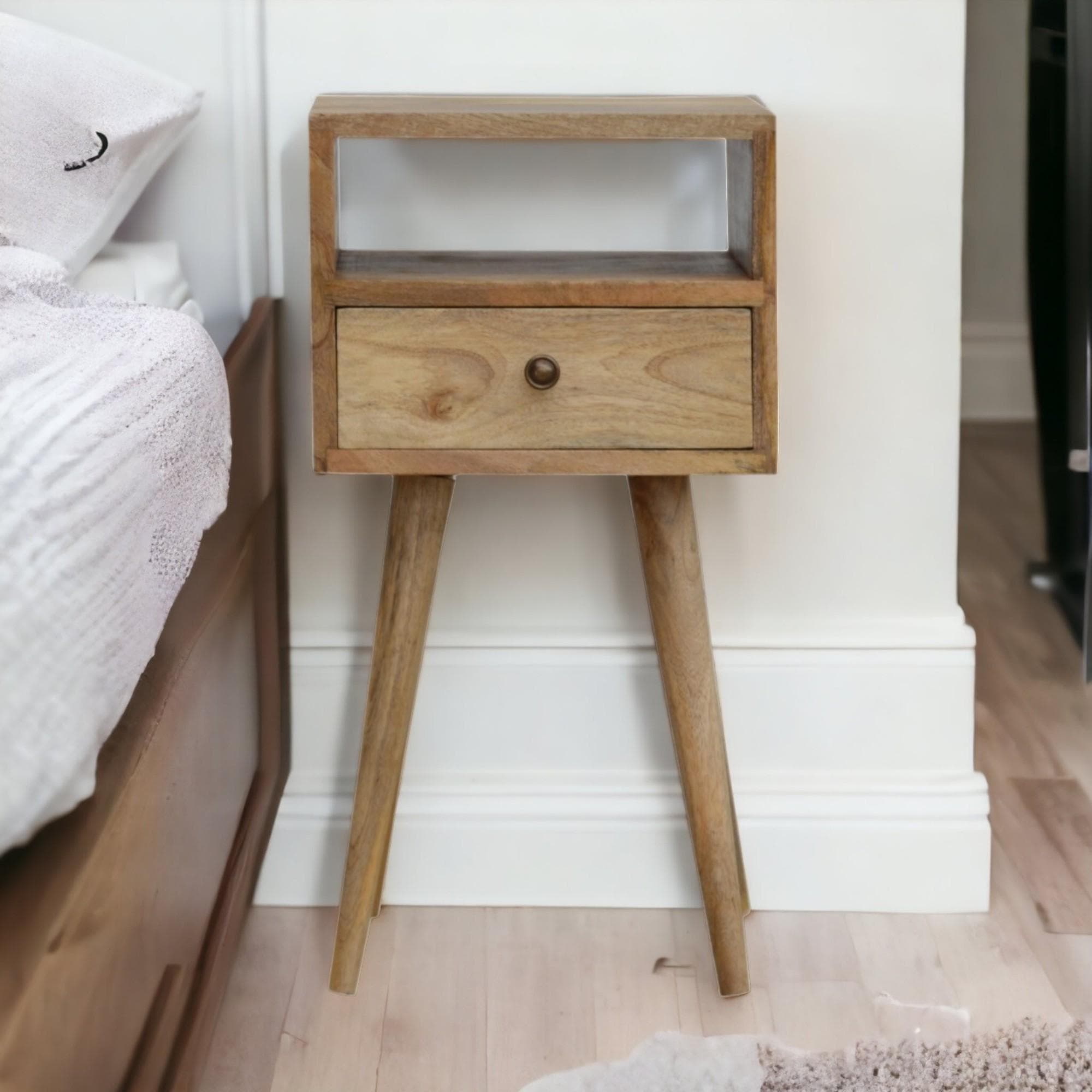 Solid Wood Mini Bedside Table with Drawer and Open Slot for Storage, Handcrafted Desk with Oak-effect Finish, 30L x 30W x 57H cm, Brown | Aosom UK