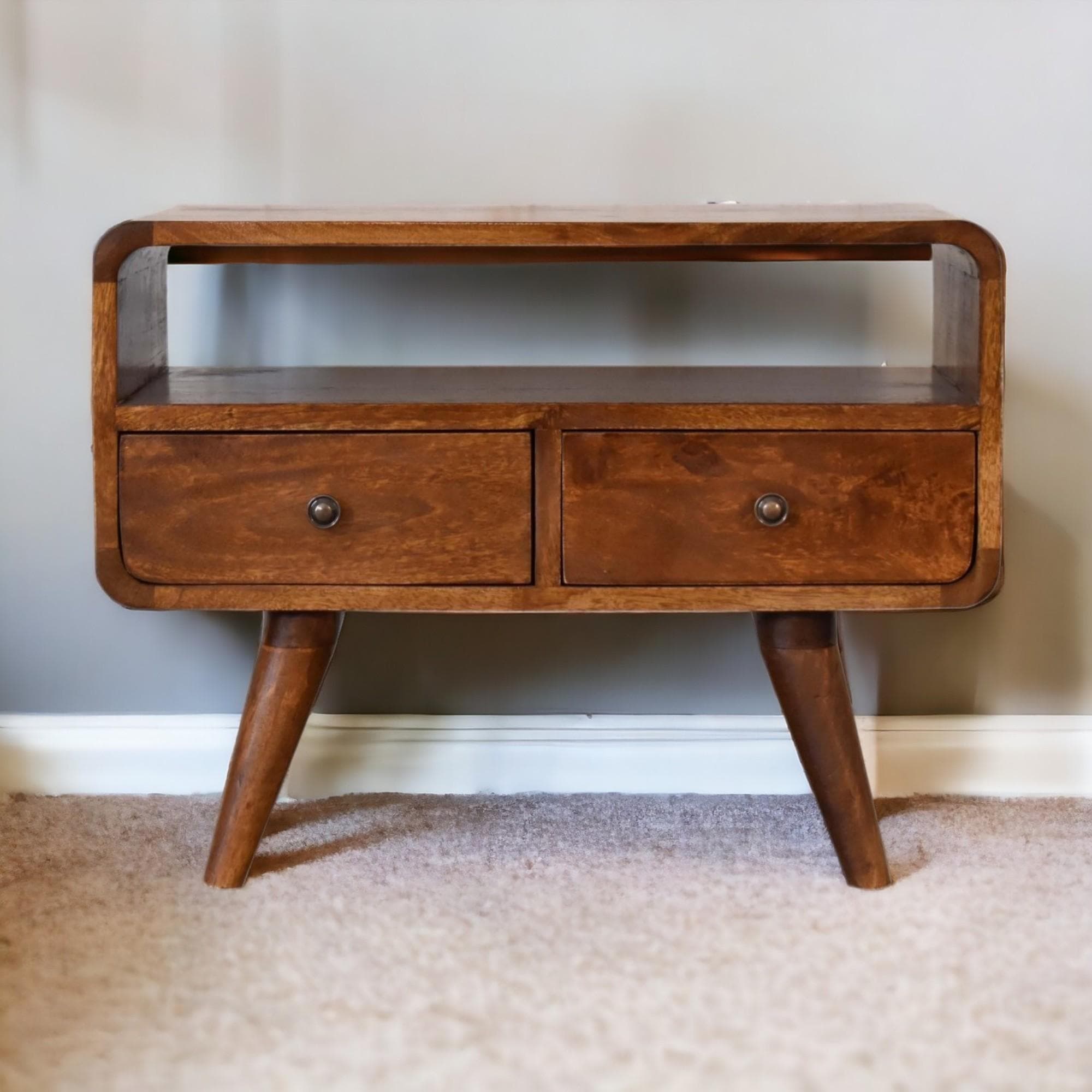 100 % Solid Mango Wood Mini Media Unit with Smooth-Glide Drawers and Open Slot, TV Unit with Unique Grain, 30L x 60W x 45H cm, Brown | Aosom UK