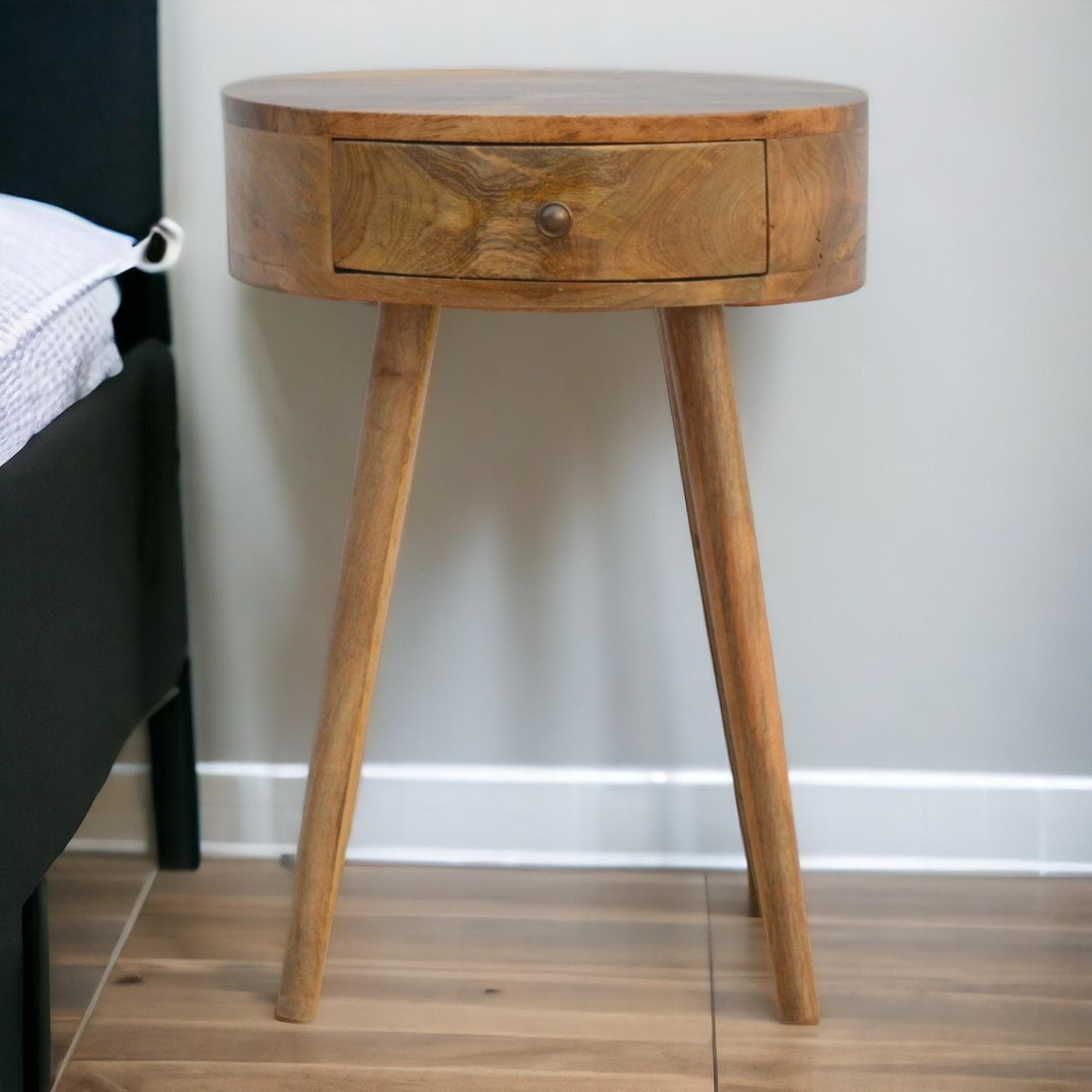 Solid Mango Wood Nordic Round Bedside Table with Unique Grain Pattern, Nightstand with Nordic Legs and Drawer, 40L x 40W x 56H cm, Brown | Aosom UK