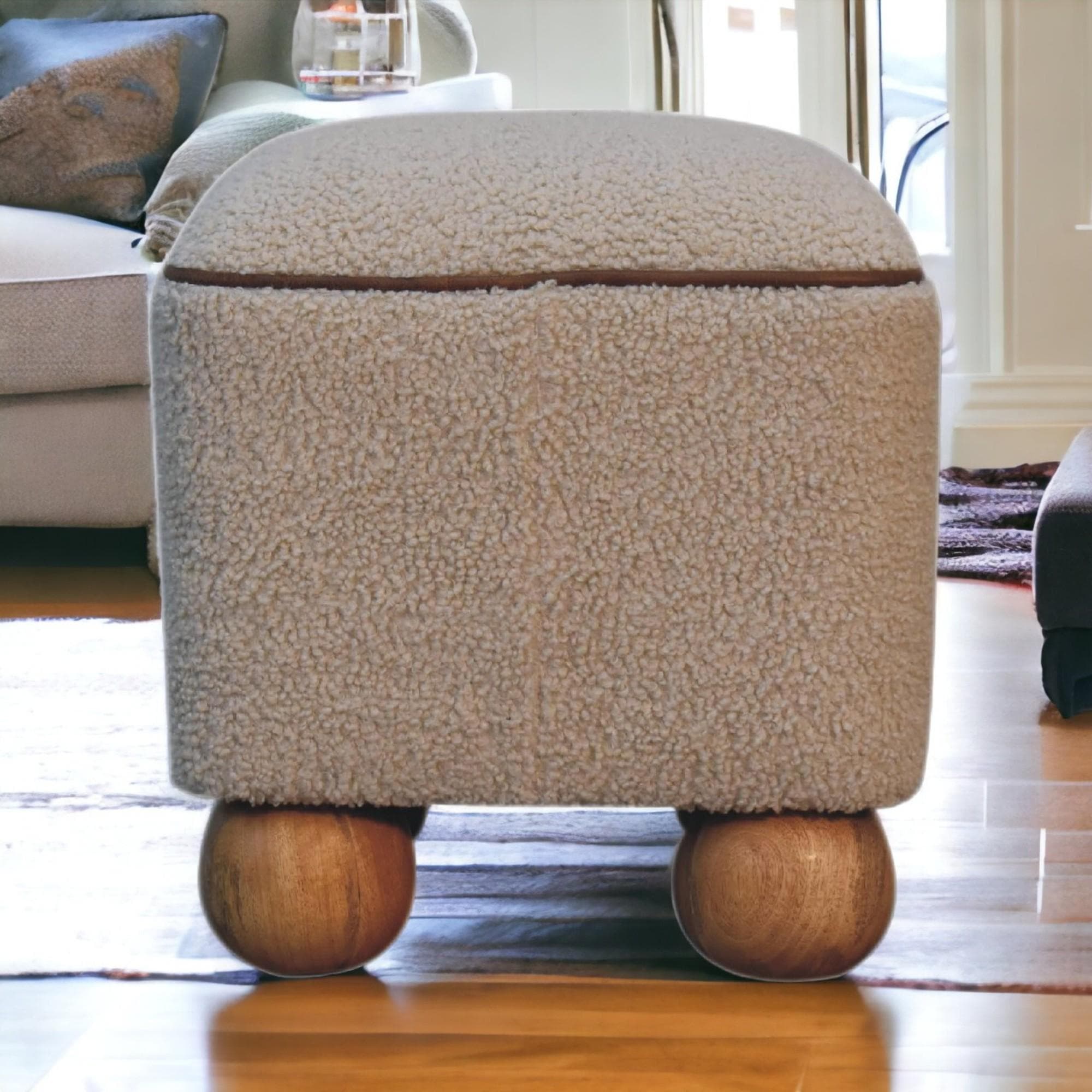 Solid Mango Wood Footstool with High-resilience Cushioning and Drawer, Upholstered Top Seat with Ball Feet, 38L x 38W x 40H cm, Brown | Aosom UK