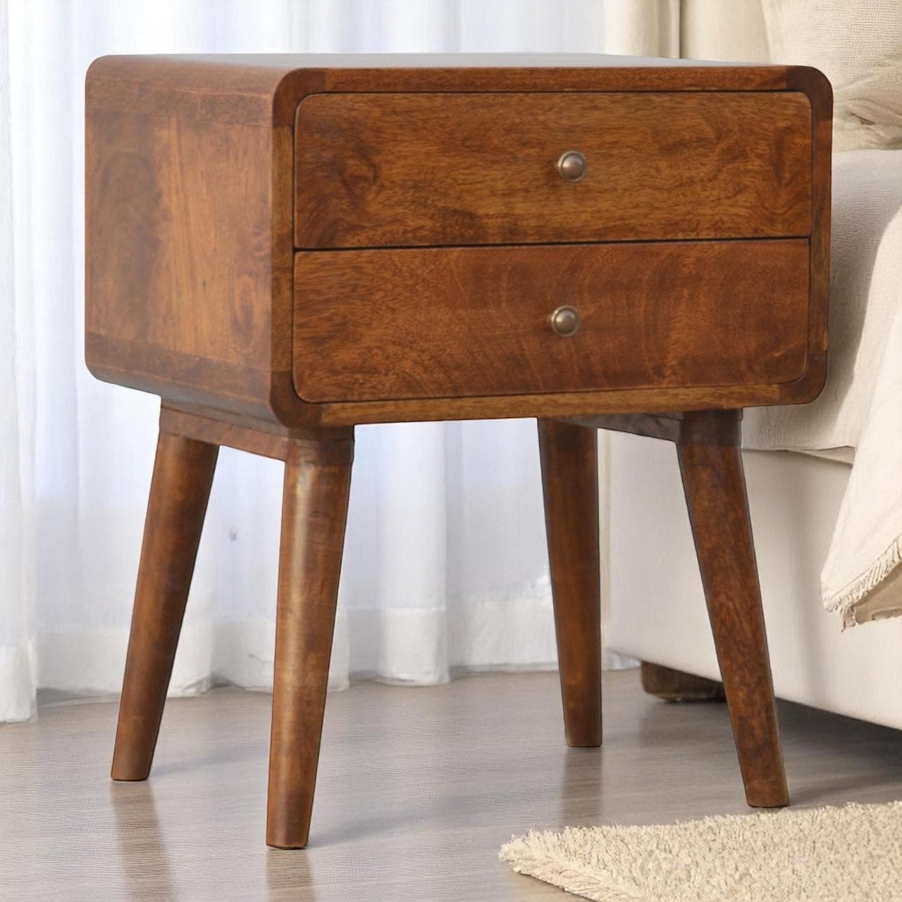 Solid Wood Curved Bedside Table with 2 Drawers and Natural Wood Grain, Handcrafted Desk for Living Room, 35L x 45W x 55H cm, Brown | Aosom UK