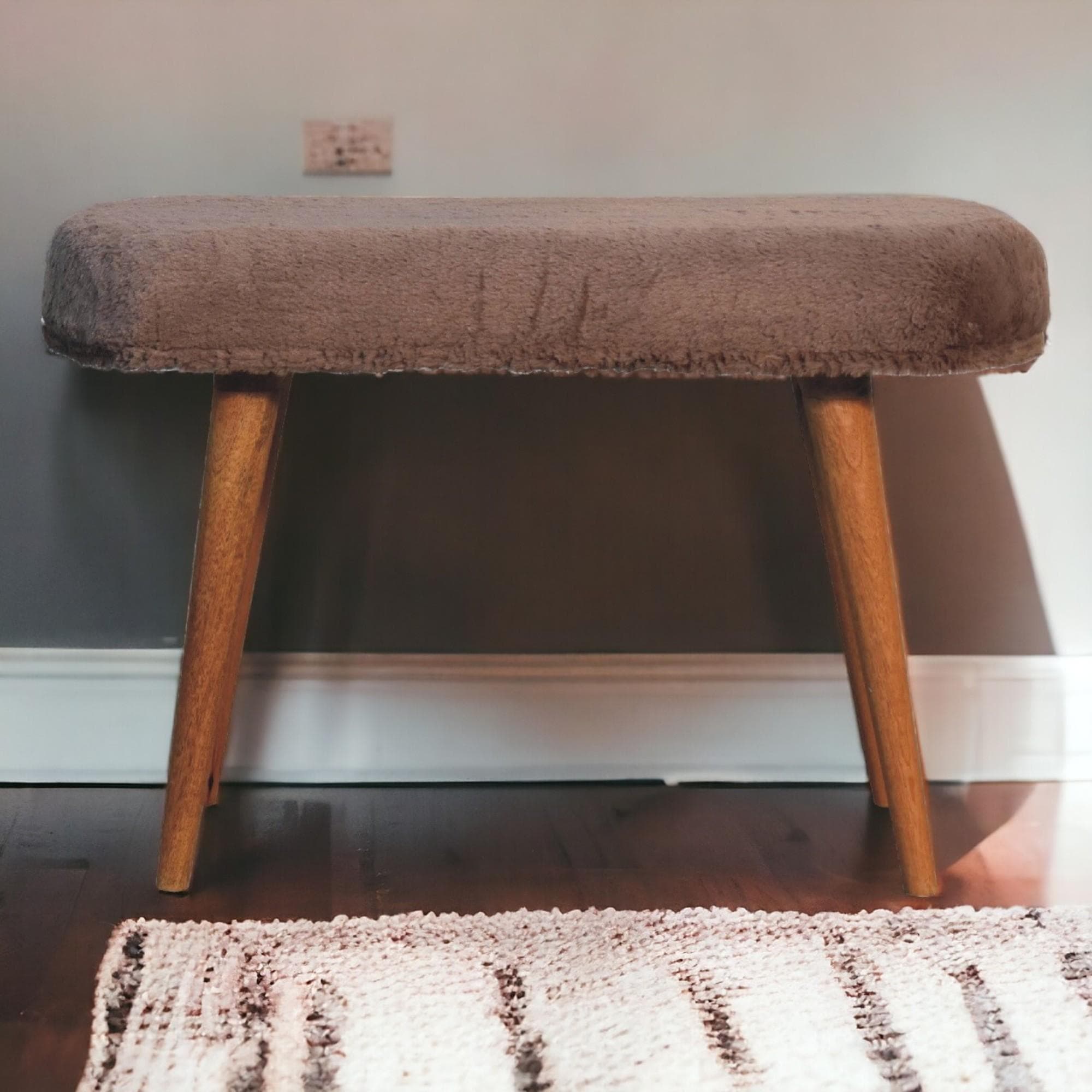 Solid Wood Upholstered Bench with Nordic-Style Legs, Eco-Conscious Design, Plush Faux-Fur Seat for Living Room, 35L x 78W x 50H cm, Brown | Aosom UK