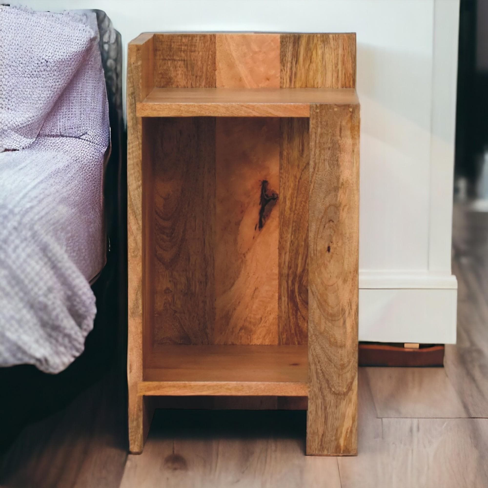 Solid Mango Wood Bedside Table with Open Box Storage and Shelf, Handcrafted Desk with Clear Natural Finish, 28L x 28W x 50H cm, Brown | Aosom UK