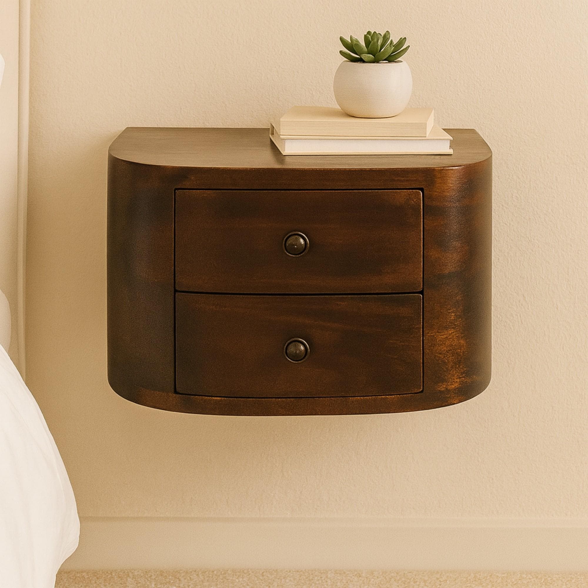 Solid Mango Wood Floating Bedside Unit with Smooth-Gliding Drawers, Space-Saving Desk with Clear Natural Finish, 30L x 45W x 25H cm, Brown | Aosom UK