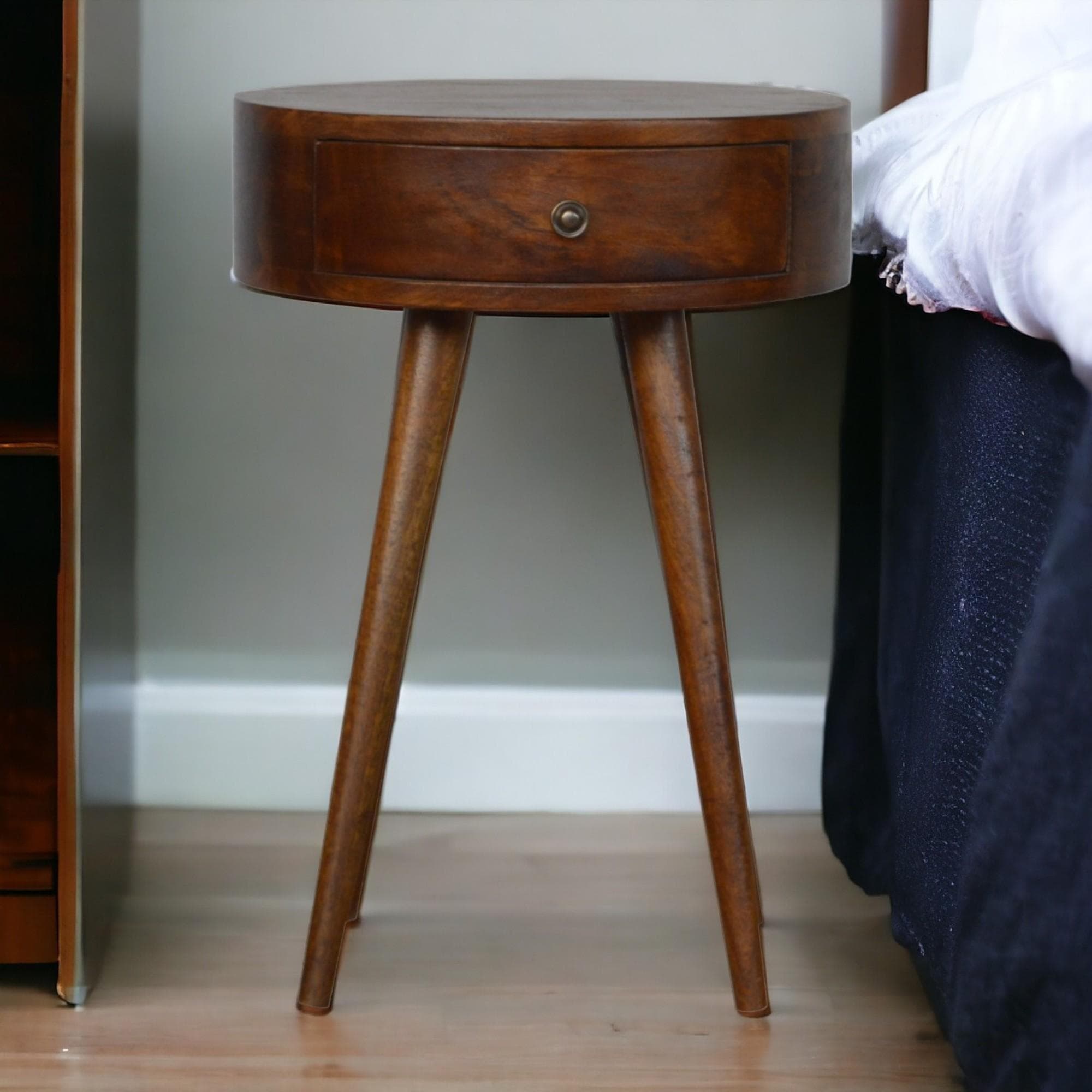 Solid Wood Nordic Circular Bedside Table with Natural Grain and Drawer, Handcrafted Desk with Easy Assembly, 40L x 40W x 56H cm, Brown | Aosom UK