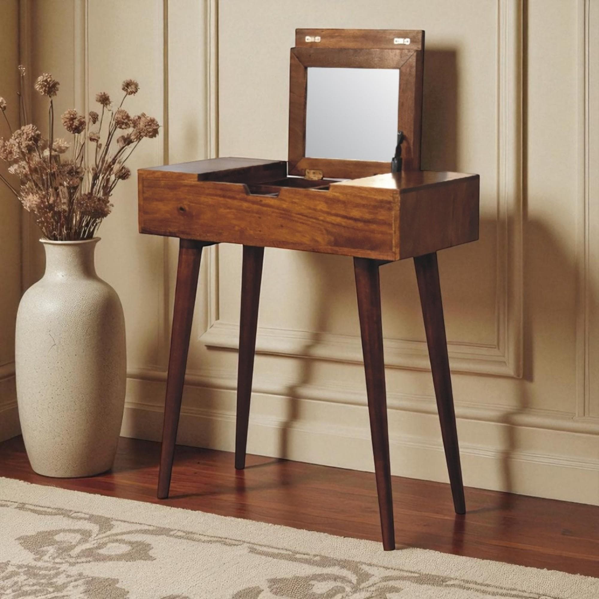 Solid Wood Mini Folding Vanity with Single Drawer and Folding Mirror, Handcrafted Desk with Deep-stain Finish, 35L x 70W x 78H cm, Brown | Aosom UK