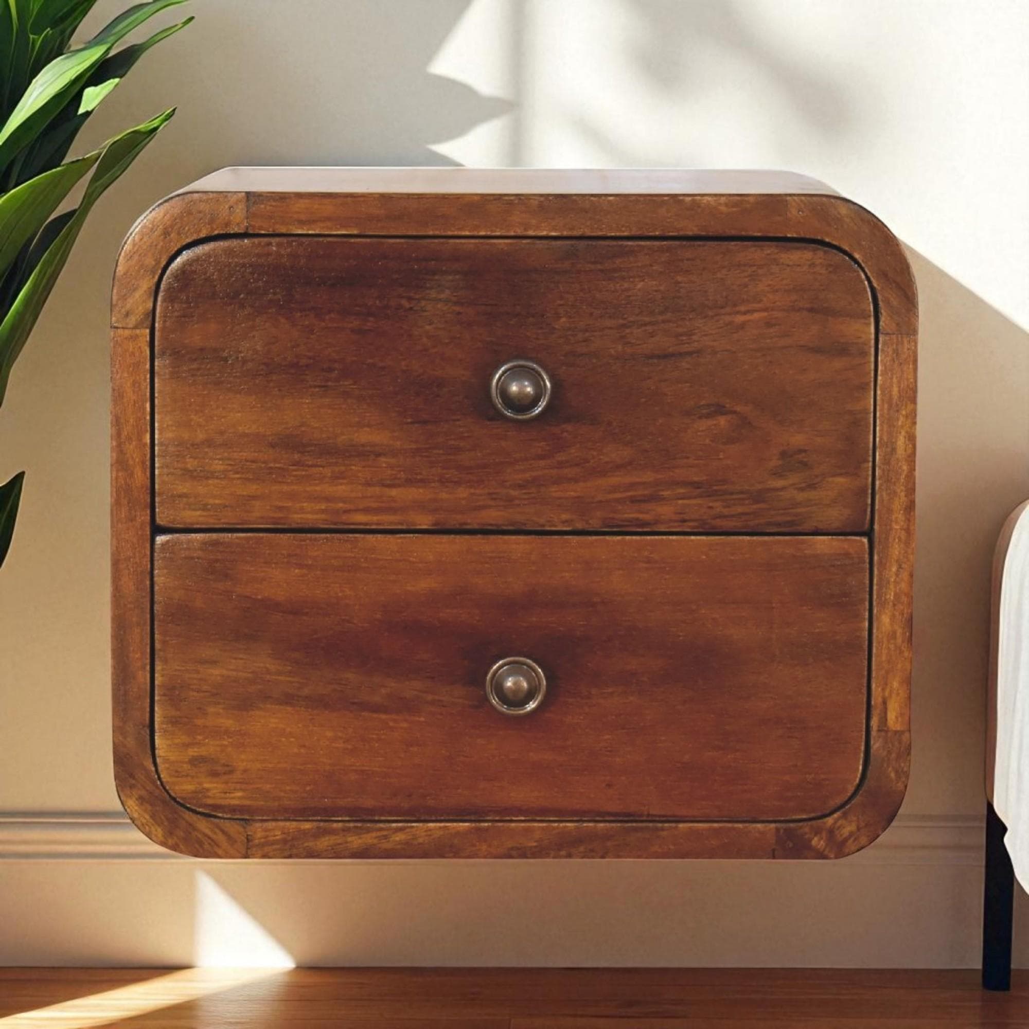 Solid Mango Wood Floating Mini Bedside with 2 Smooth-Gliding Drawers, Handcrafted Desk with Stain-based Finish, 25L x 30W x 25H cm, Brown | Aosom UK