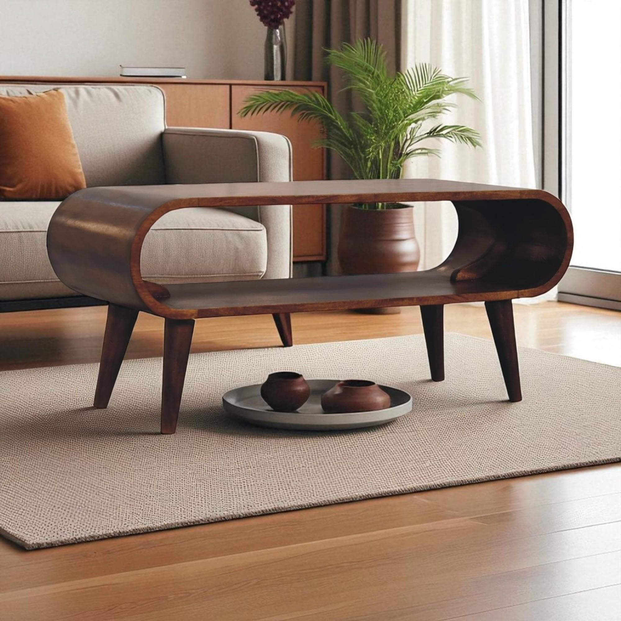 Amaya Nordic Solid Mango Wood Coffee Table with Open Slot Storage, Handcrafted Tea Table with Stain Finish, 35L x 90W x 40H cm, Brown | Aosom UK