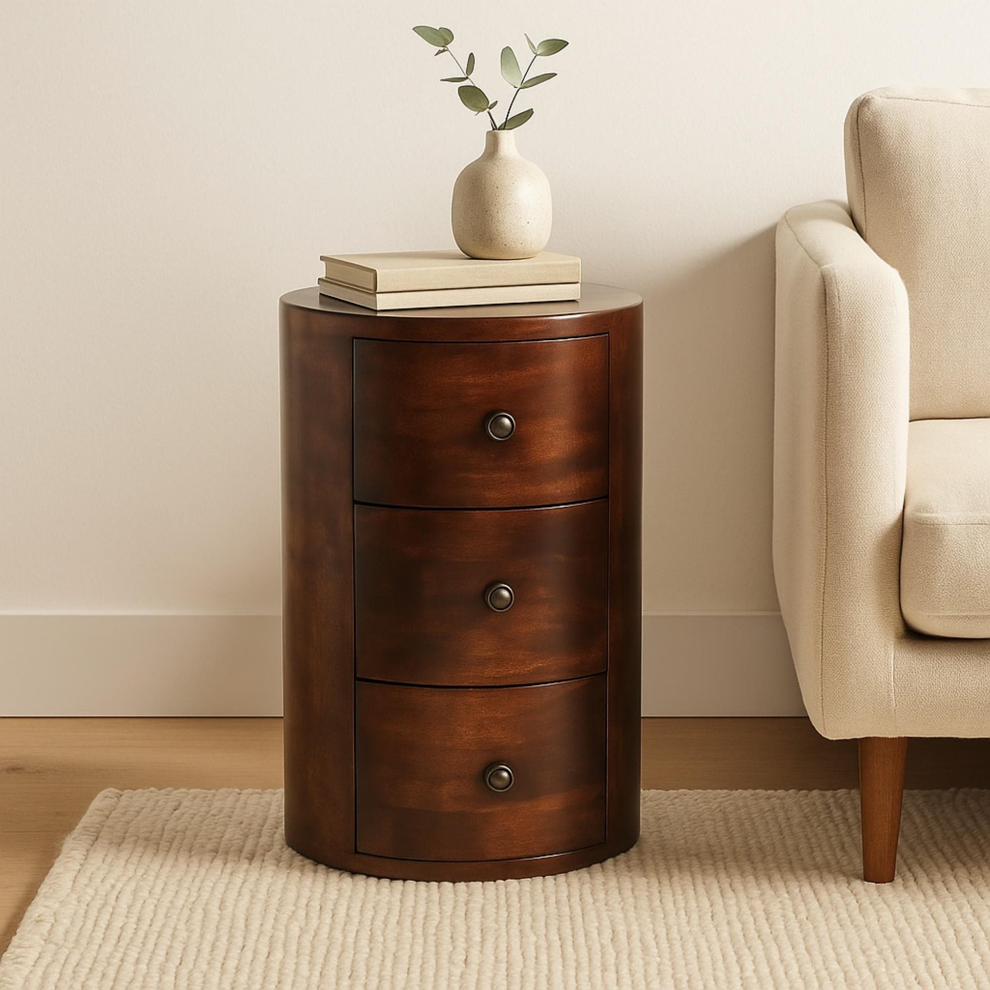 100% Solid Mango Wood Drum Chest with 3 Drawers, Sustainable and Durable Table with Handcrafted Stain Finish, 30L x 30W x 57H cm, Brown | Aosom UK