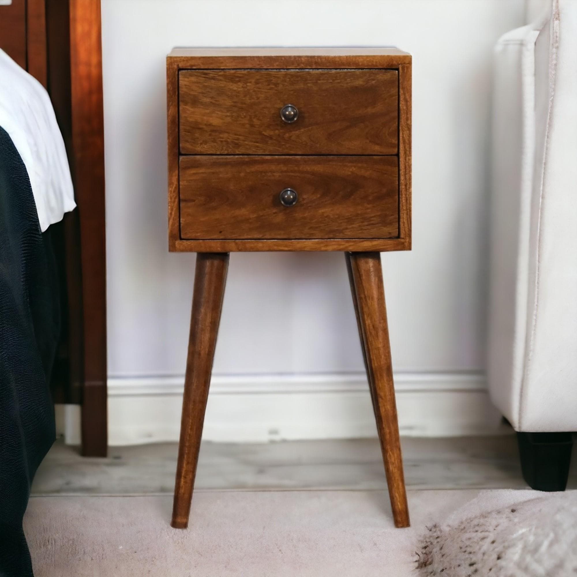 Solid Mango Wood Mini Bedside Cabinet with 2 Smooth-Gliding Drawers, Handcrafted Desk with Nordic Slim Legs, 30L x 30W x 57H cm, Brown | Aosom UK