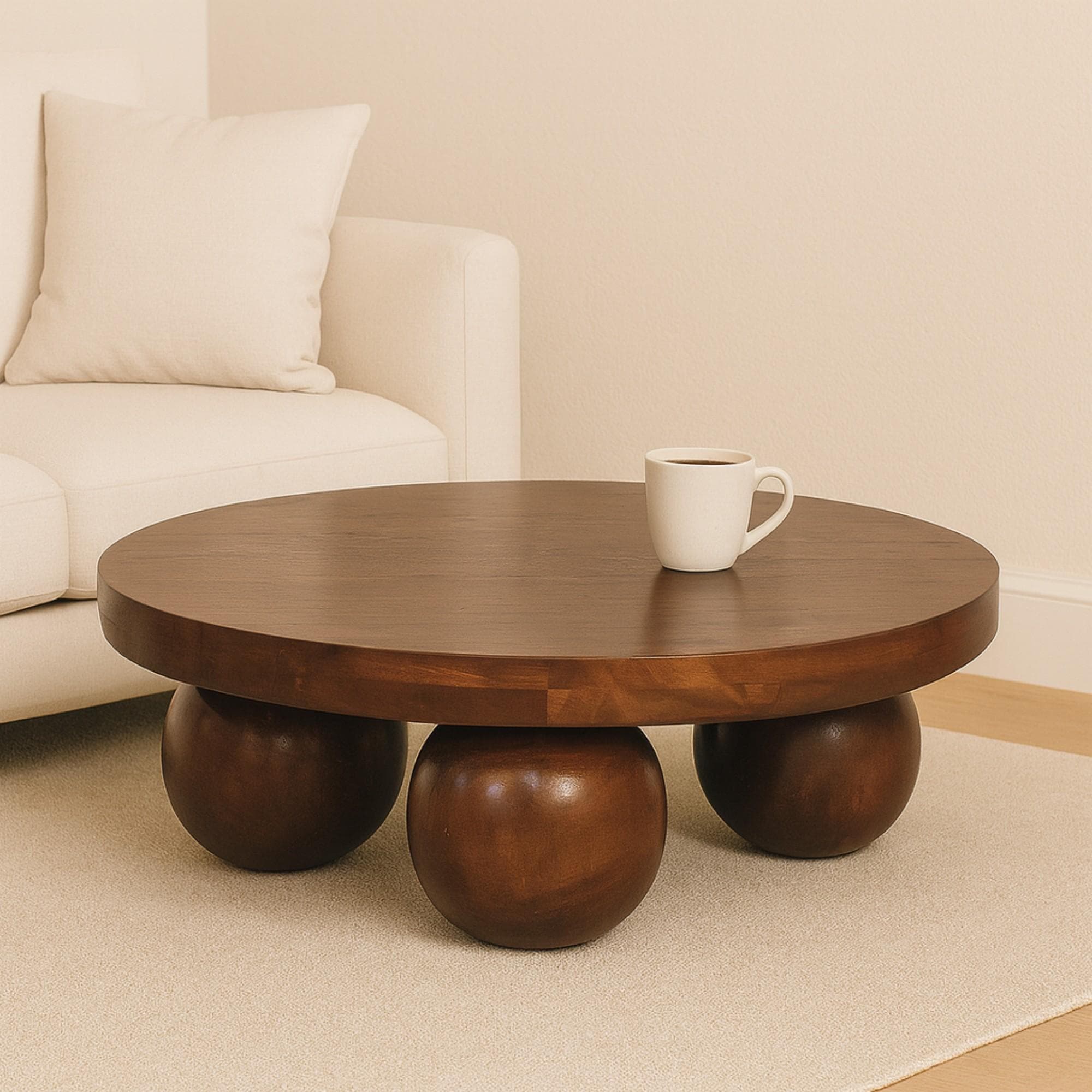 Solid Mango Wood Centre Table with Sculptural Central Ball Base, Handcrafted Desk with Stain-Based Finish, 80L x 80W x 23H cm, Brown | Aosom UK