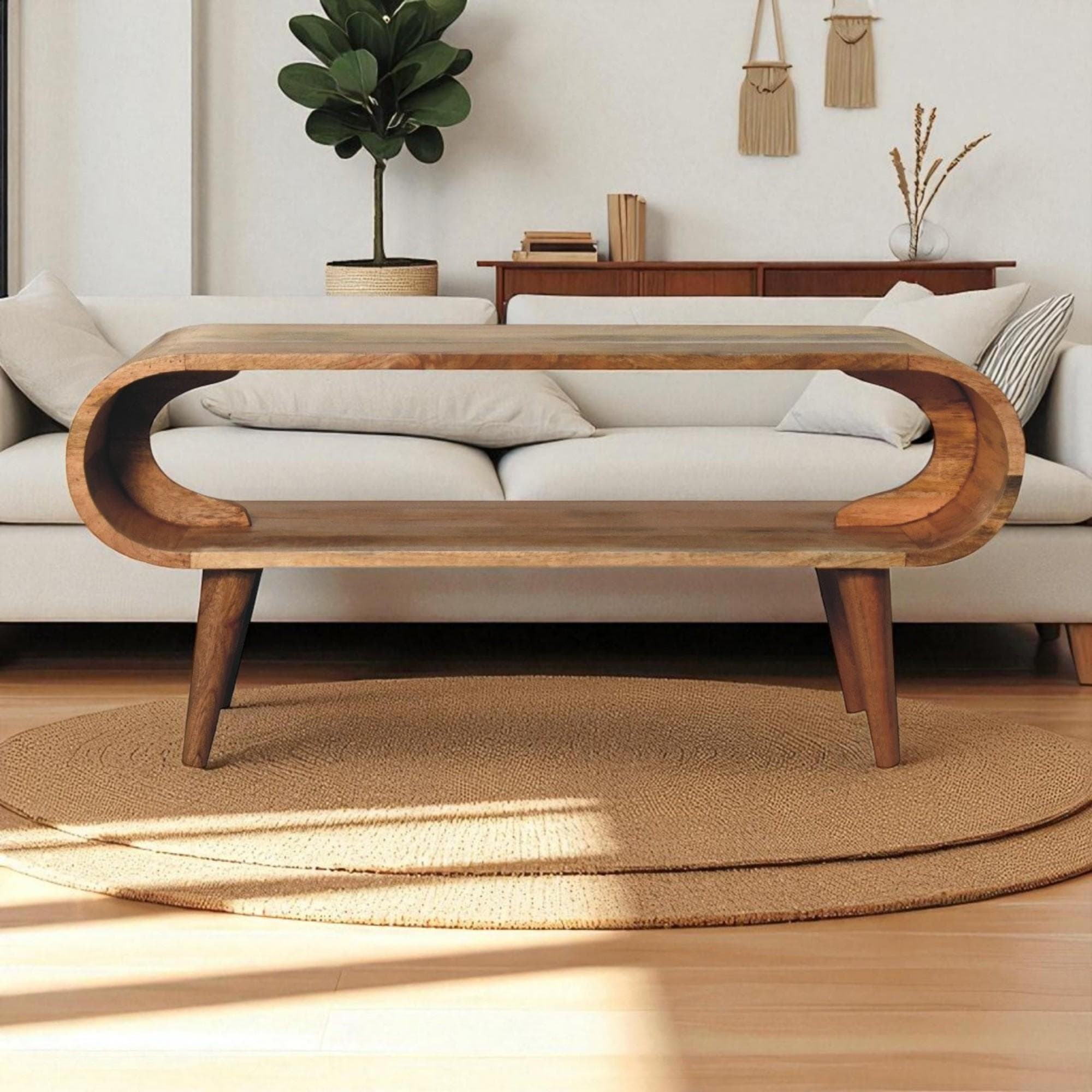 Solid Mango Wood Amaya Nordic Coffee Table with Open Slot, Handcrafted Tea Table with Clear Natural Finish, 35L x 90W x 40H cm, Brown | Aosom UK