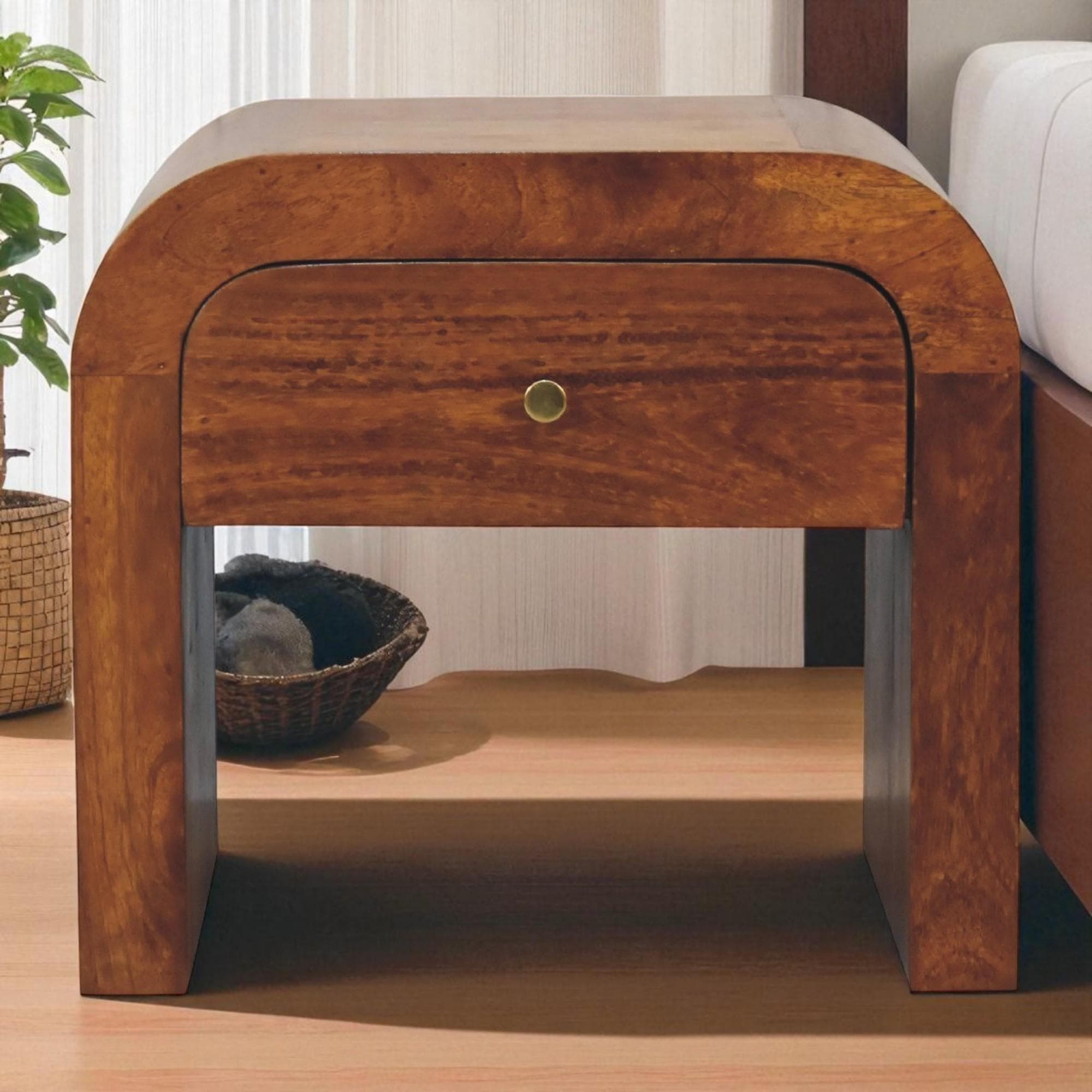 Solid Mango Wood Drum-Style Bedside Table with Smooth-Gliding Drawer, Handcrafted Desk with Stain Finish, 35L x 45W x 40H cm, Brown | Aosom UK