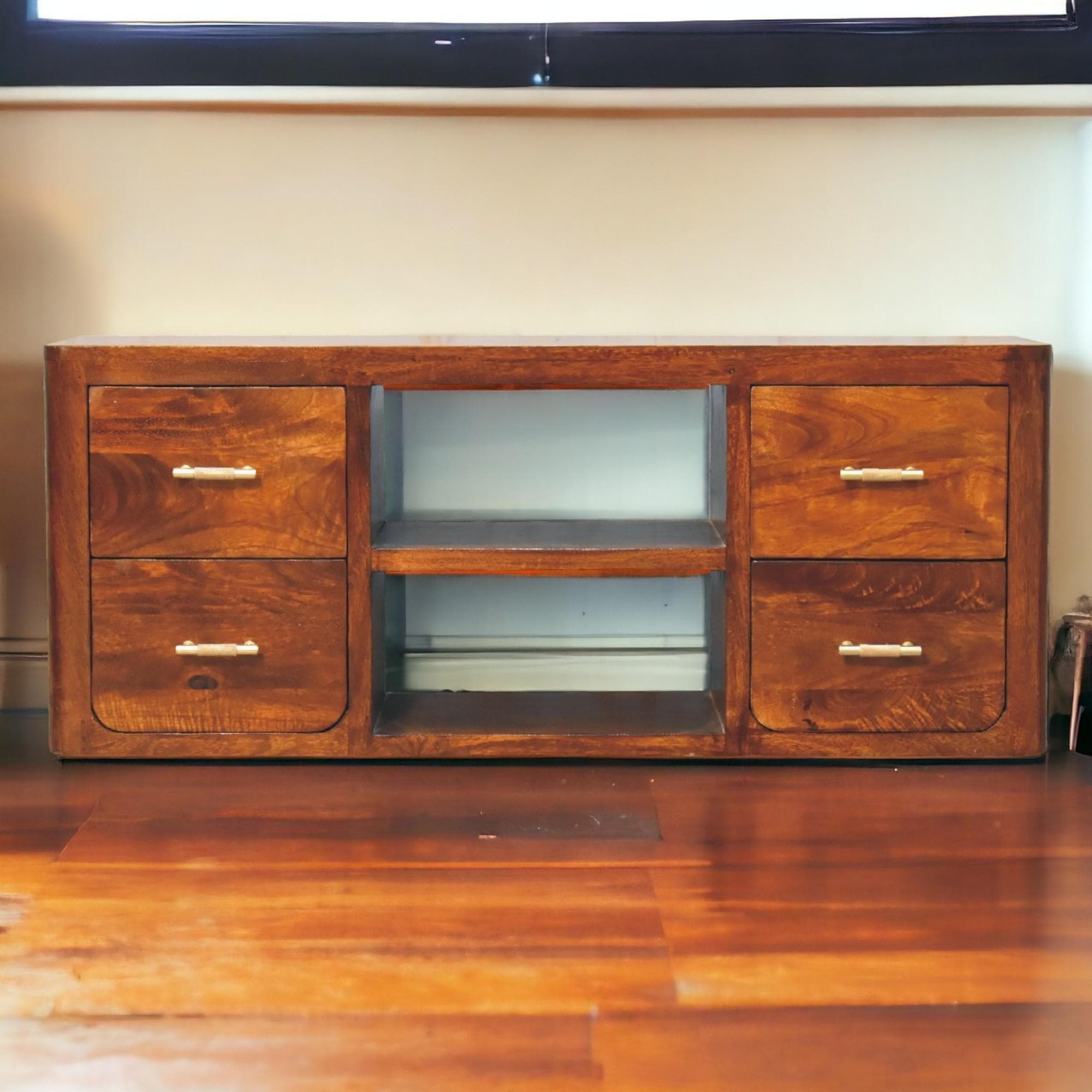 Solid Wood Luca Media Unit with 2 Open Compartments and 4 Drawers, Handcrafted TV Cabinet for Living Room, 35L x 110W x 45H cm, Brown | Aosom UK