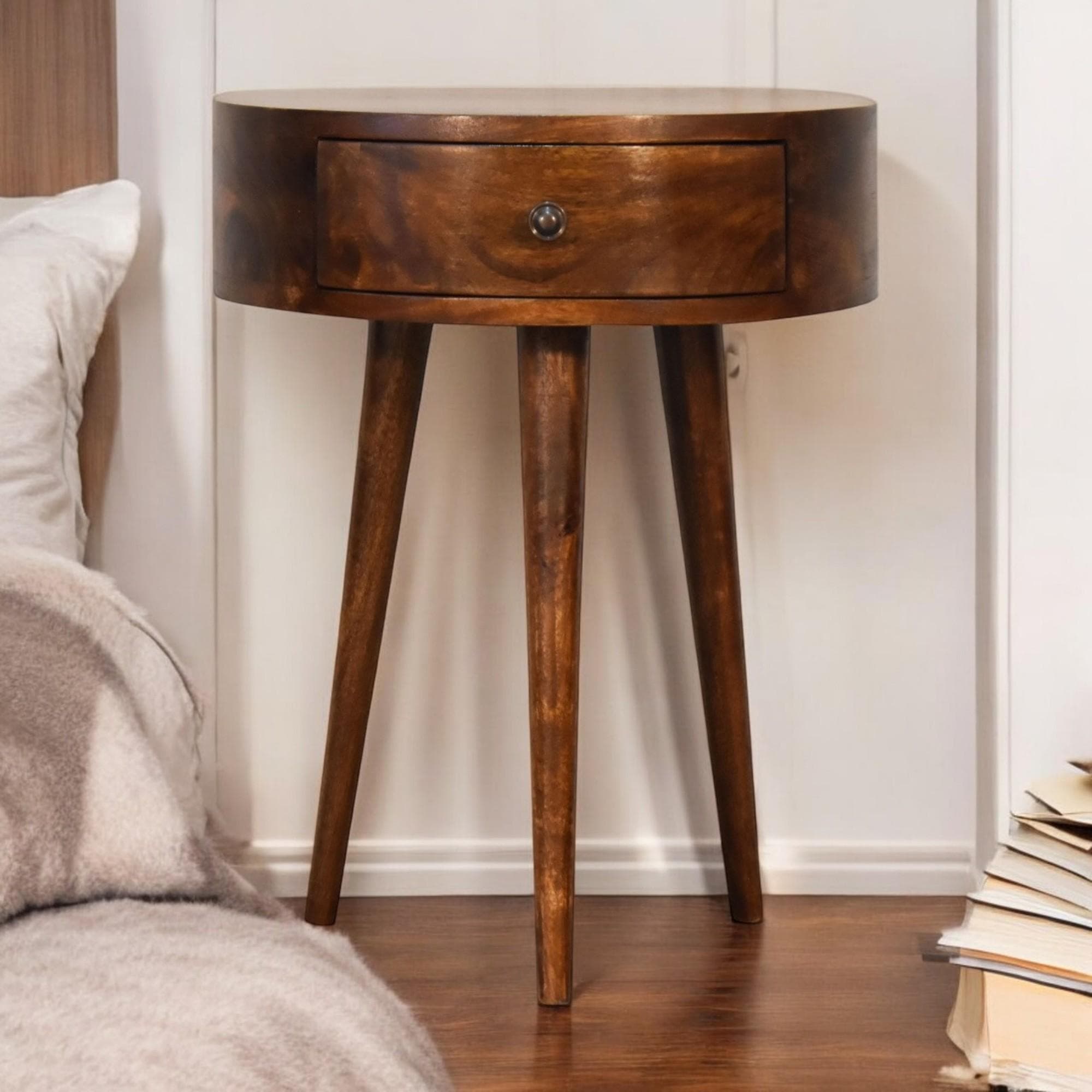100% Solid Mango Wood Semi-Circular Bedside Table with Distinctive Grain, Desk with Drawer and Nordic Legs, 32L x 40W x 52H cm, Brown | Aosom UK