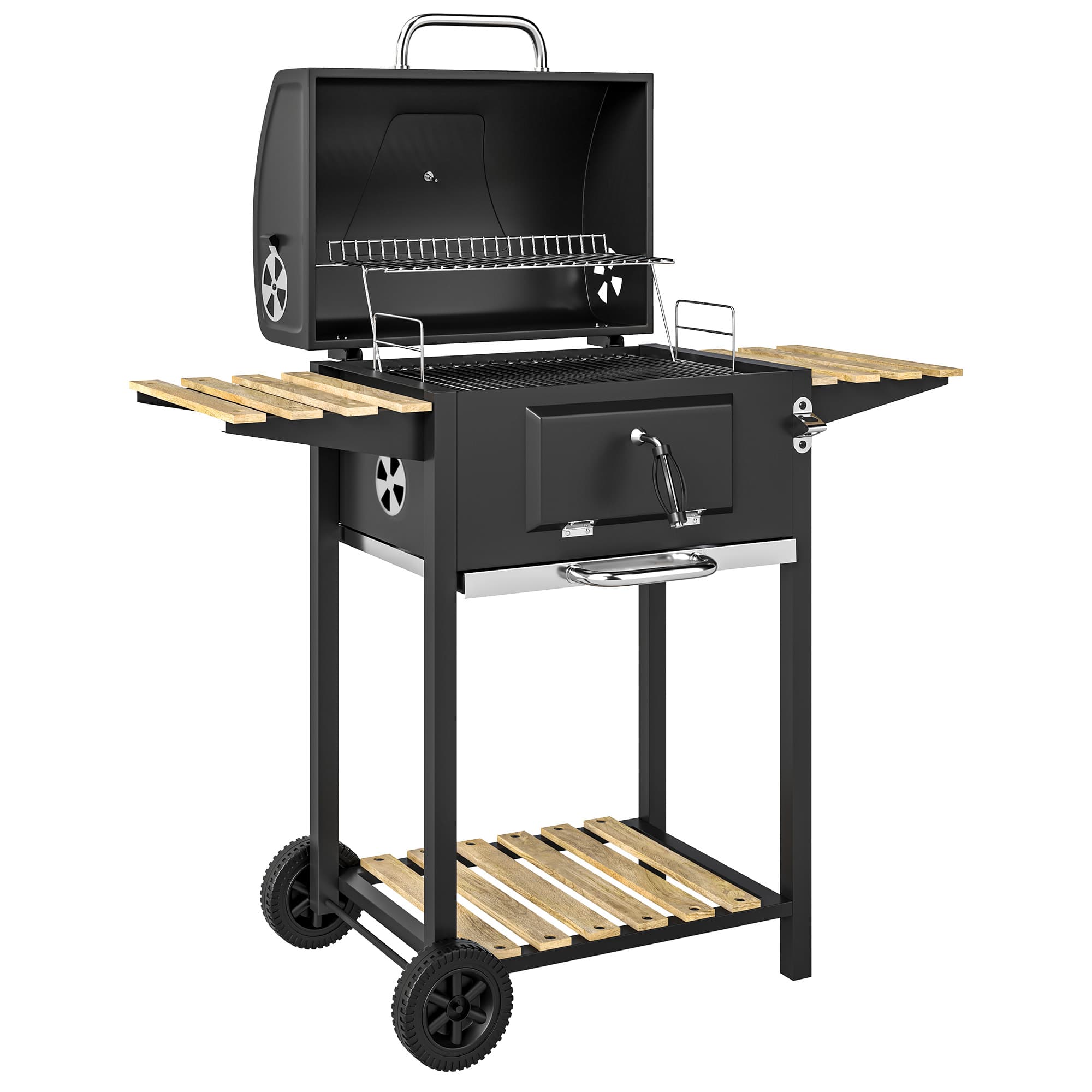 Outsunny Charcoal BBQ Grill with Height Adjustable Charcoal Pan, Portable Barbecue Smoker with Warming Rack, 3 Shelves, Temperature Gauge, Wheels, Bottle Opener for Outdoor Cooking Garden Party