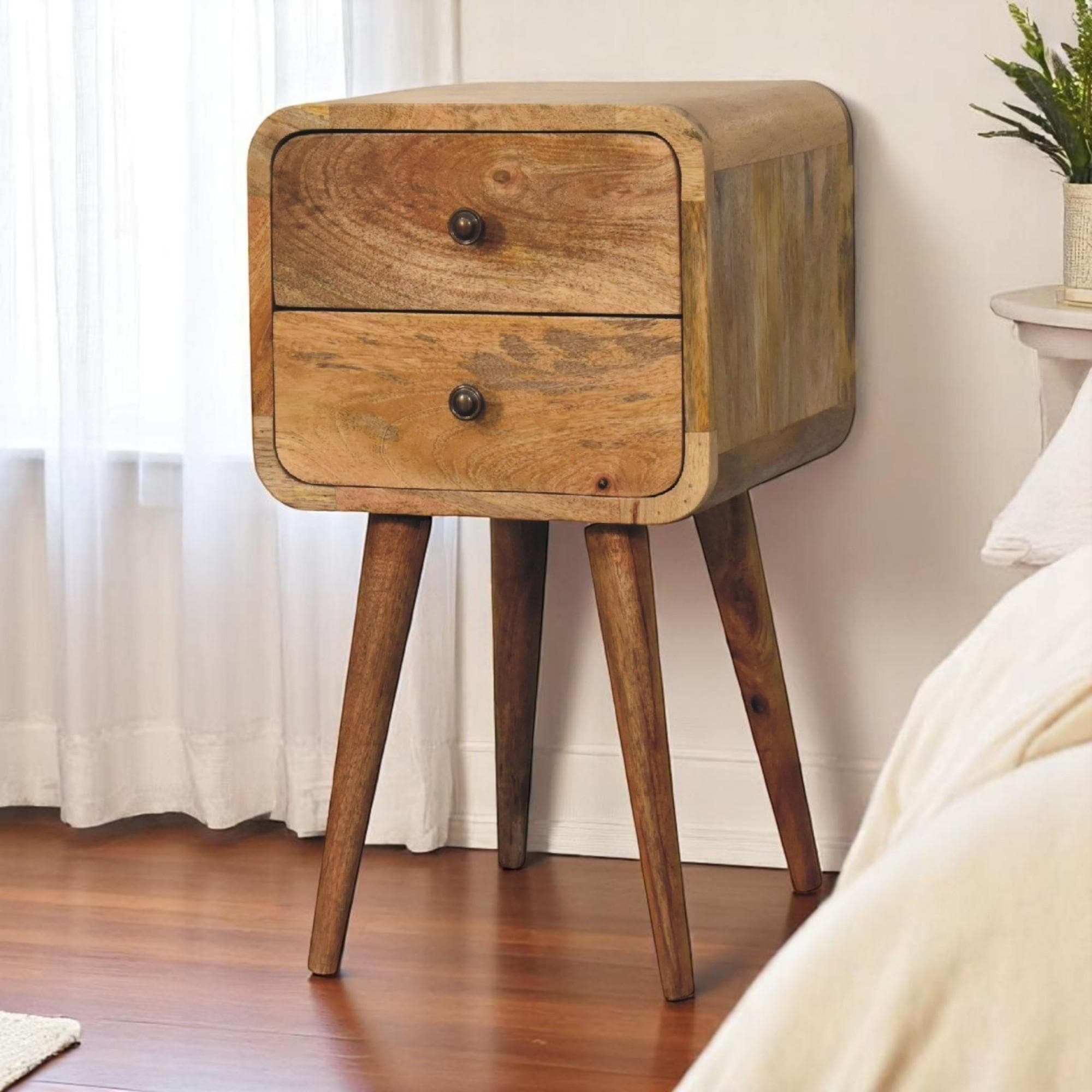 100% Solid Mango Wood Bedside Table with 2 Smooth-Gliding Drawers, Hand-Finished Desk with Nordic Legs, 30L x 30W x 55H cm, Brown | Aosom UK