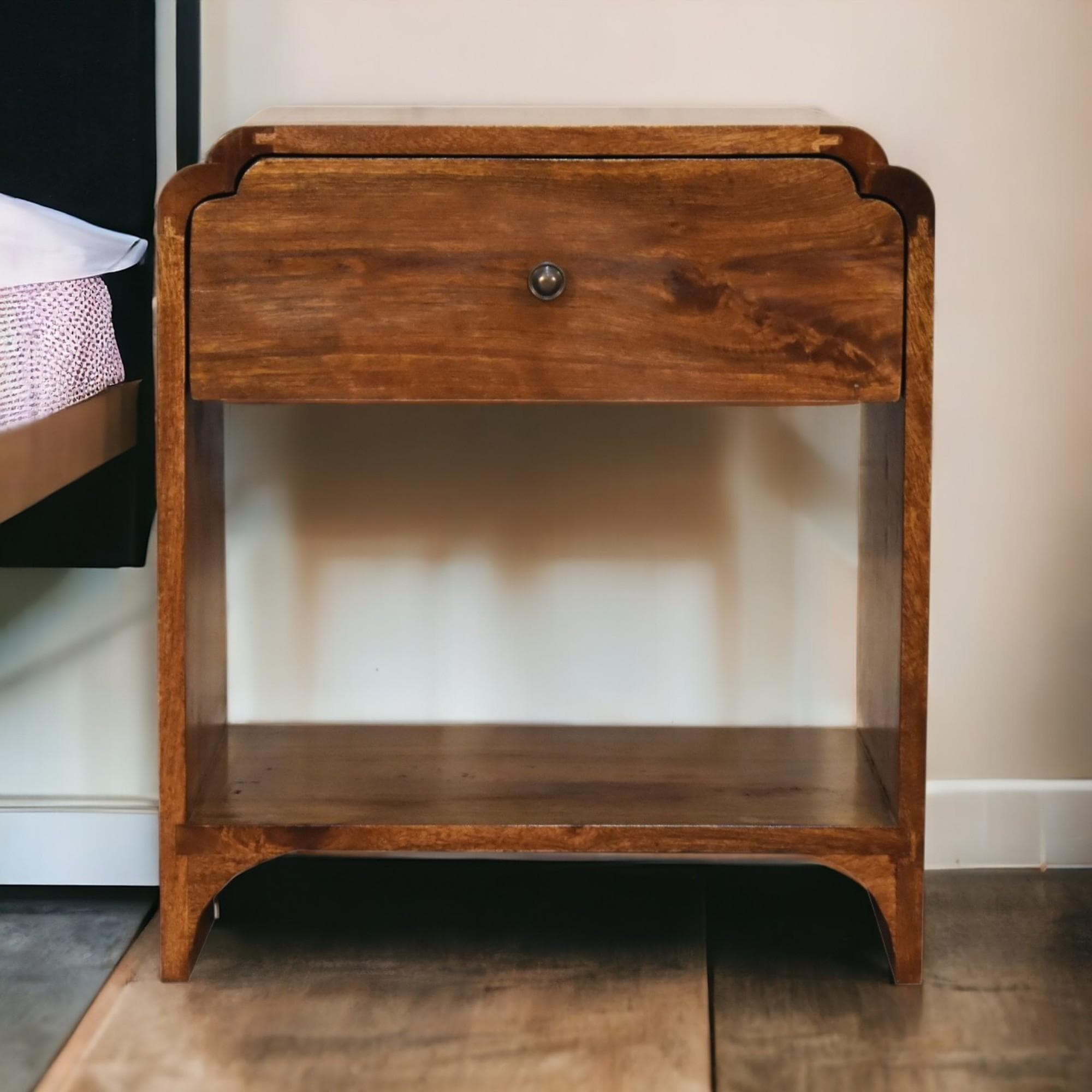 100% Solid Wood Newton Bedside Table with Drawer and Open Shelf, Handcrafted Desk with Stain-Based Finish, 35L x 45W x 50H cm, Brown | Aosom UK