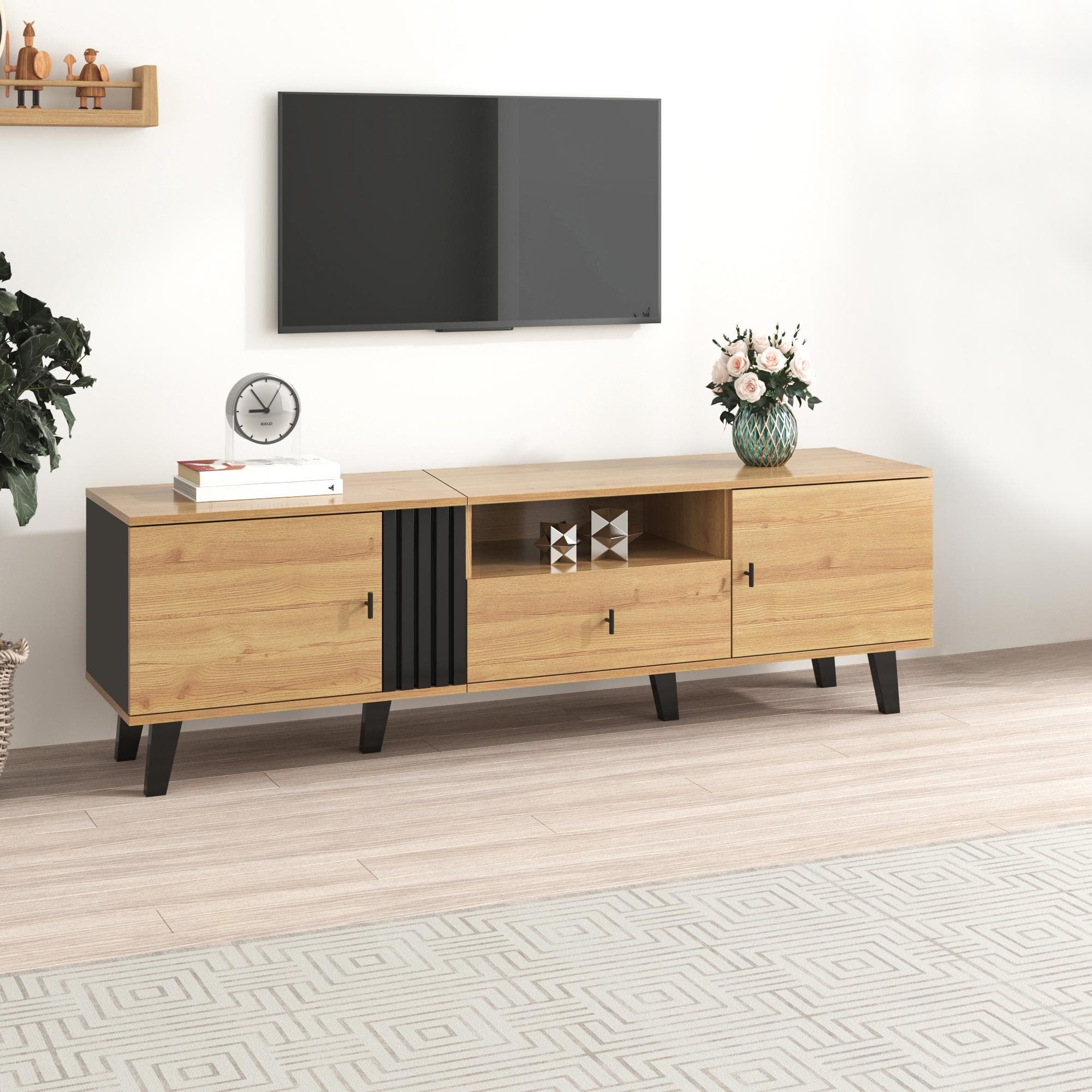Modern TV Cabinet with 2 Doors, Slatted Front, Spacious Compartment, TV Stand for organised storage, 170L x 4W x 50.5H cm, Black+Wood | Aosom UK