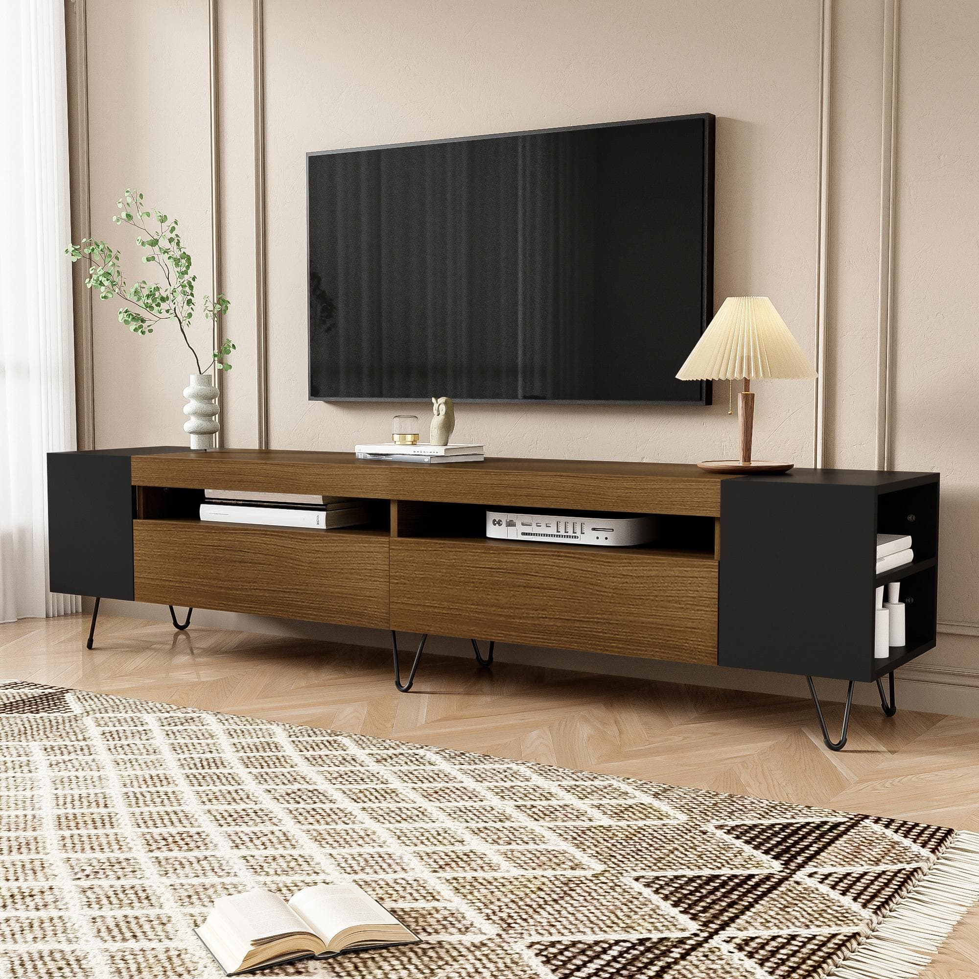 Modern TV Cabinet with 2 Front Doors and Open Side Compartments, Durable TV Stand with Cable Outlets, 180L x 36W x 43H cm, Black+Wood | Aosom UK