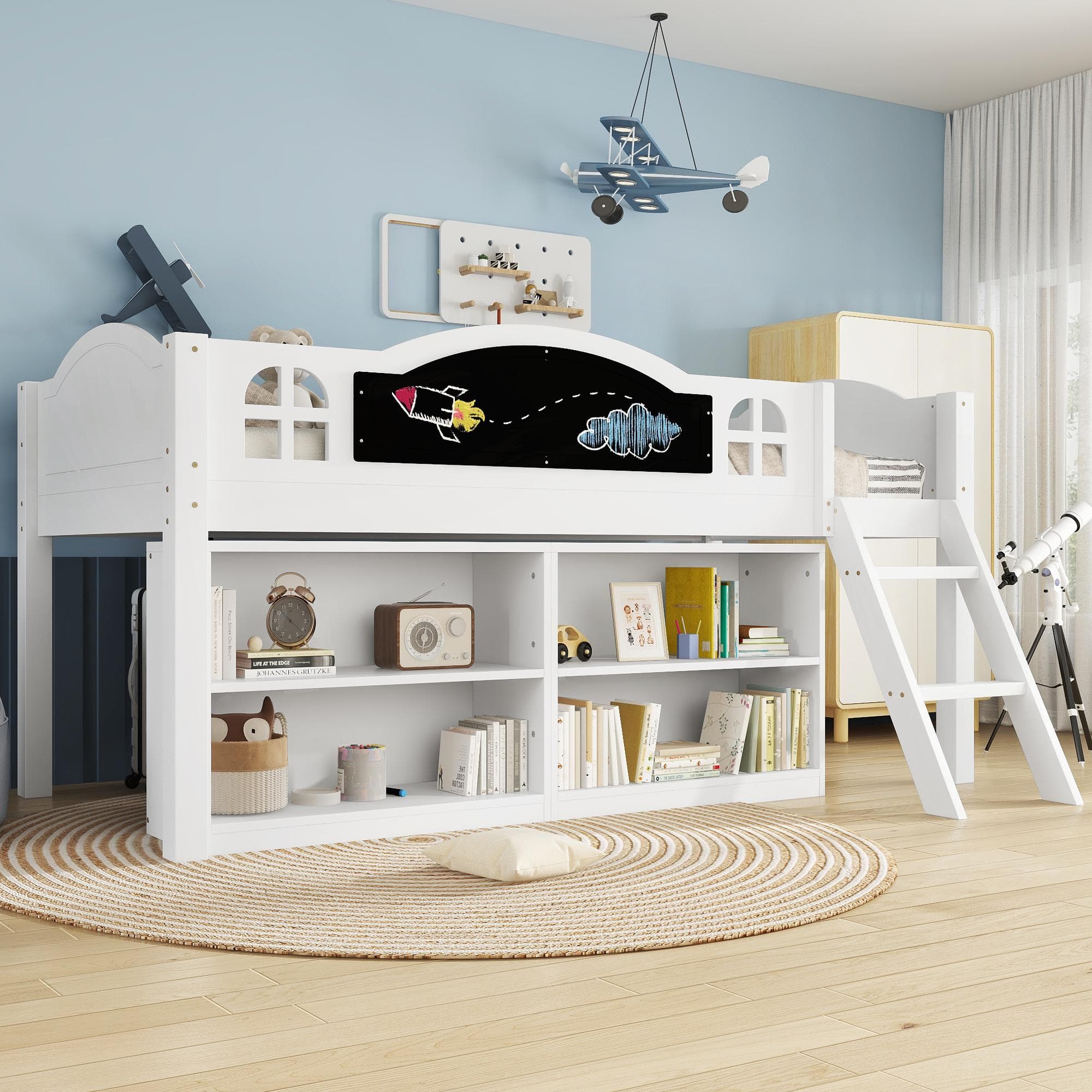 3ft Single Storage Bed with Built-in Blackboard for Drawing, High Sleeper Bed with Inclined Staircase, 196.5L x 132W x 96H cm, White+Black | Aosom UK