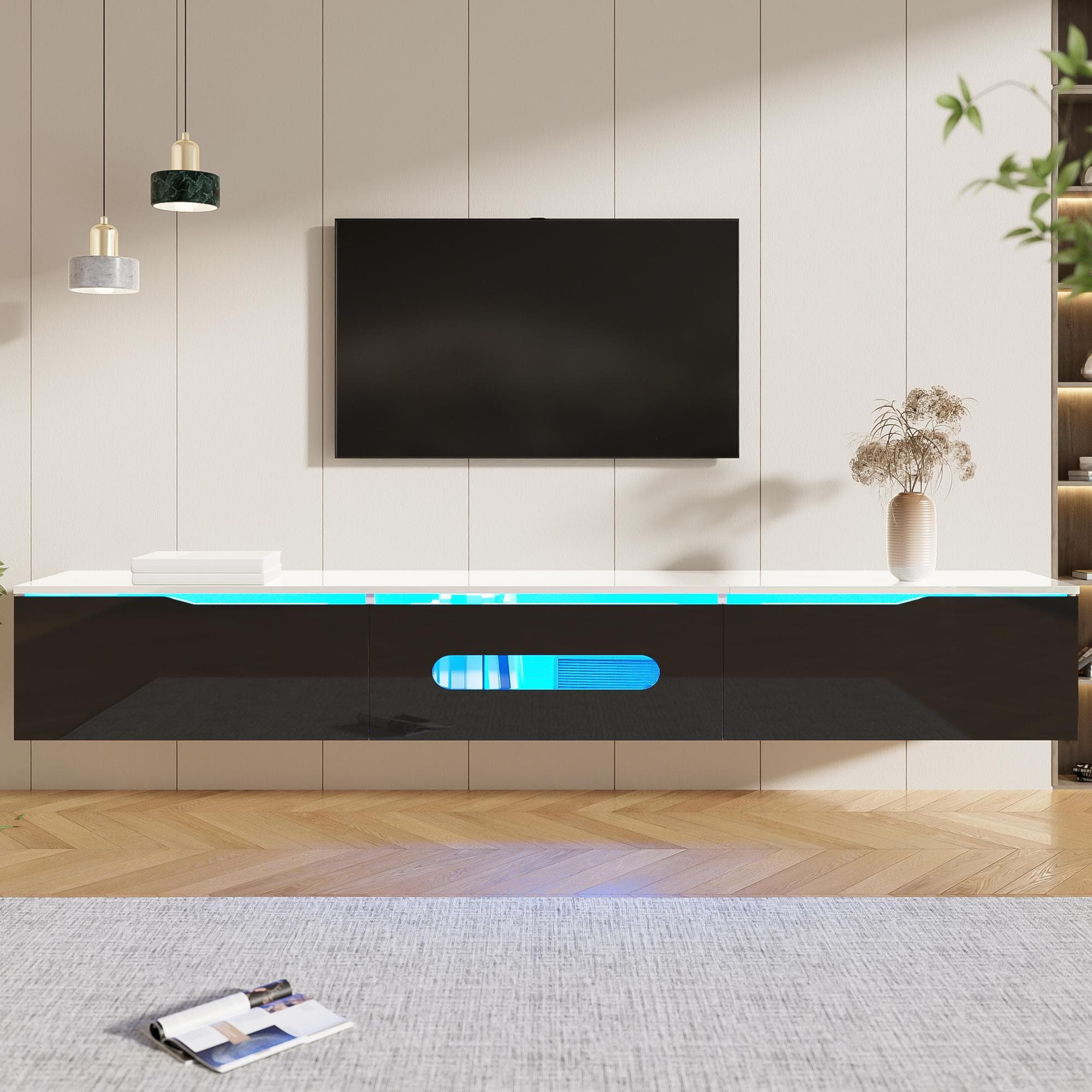 Modern TV Cabinet with 3-Door Storage and Soft-close Hinges, Stand with APP-controlled LED Lighting, 180L x 35W x 30H cm, Black+White | Aosom UK