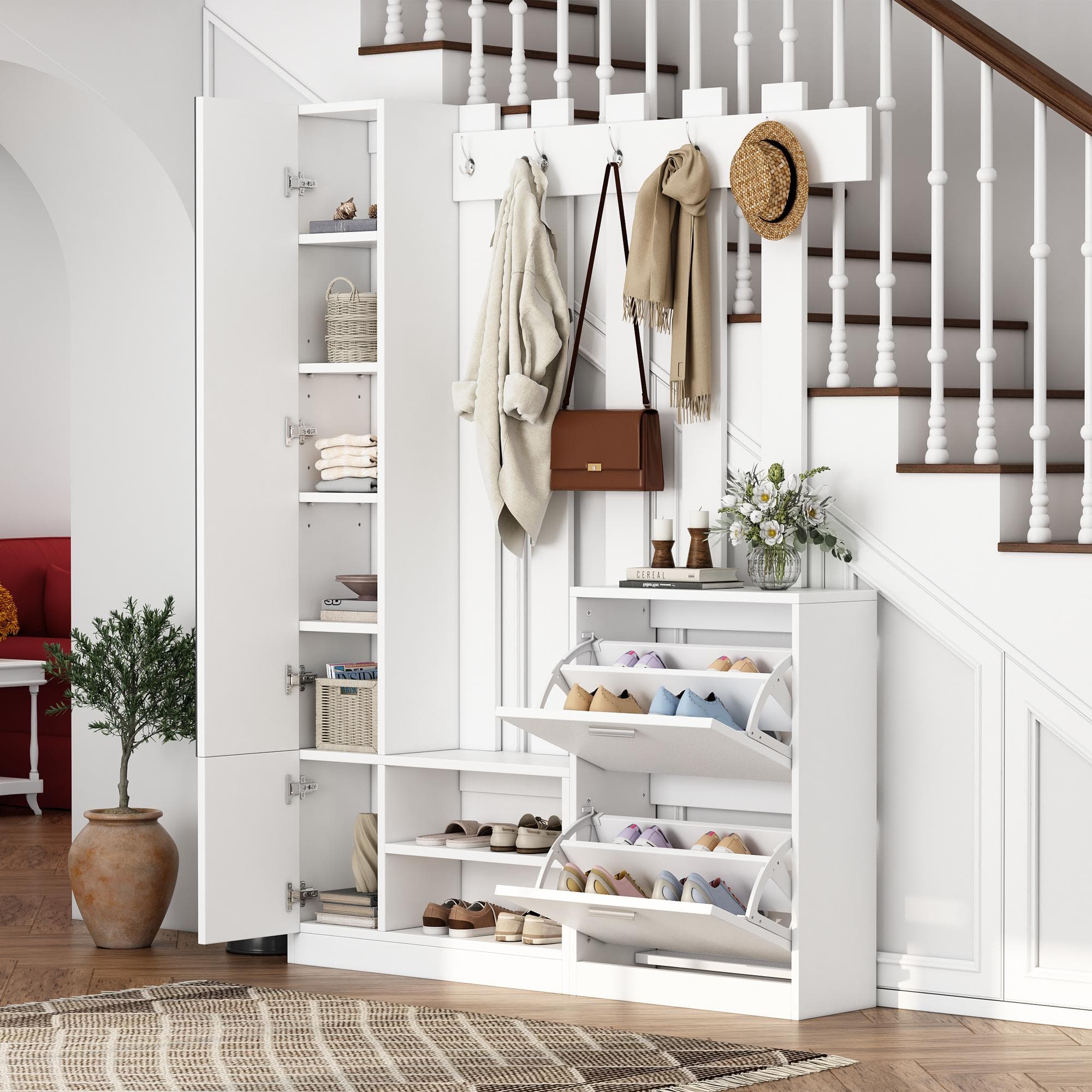5‑in‑1 Space-Saving Entryway Storage with Coat Hooks, Hall Tree Coat Rack with Shoe Bench, Full-Length Mirror, 135L x 25W x 180H cm, White | Aosom UK