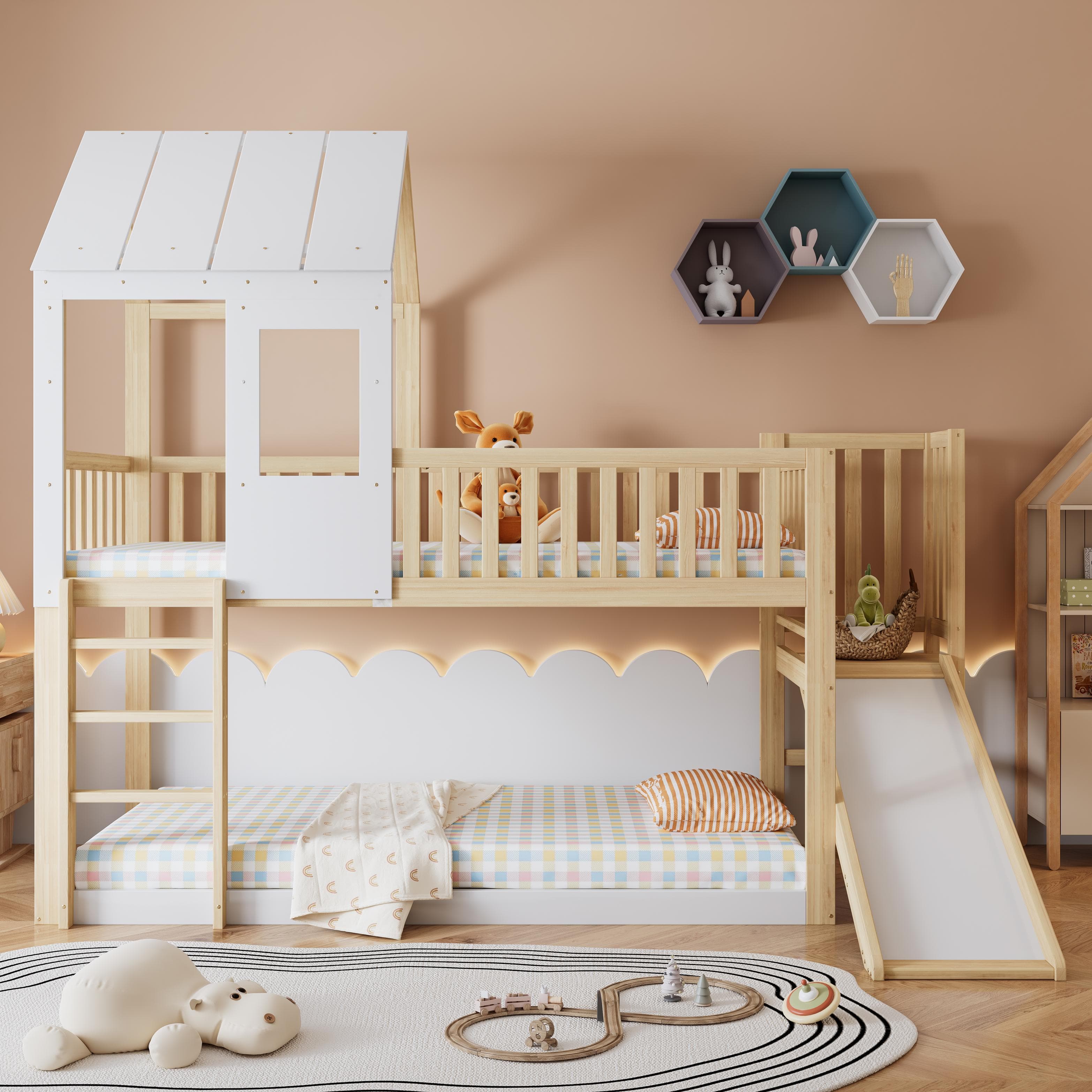 Wooden High Sleeper Bed with Slide and 3‑Step Ladder for Children, Bunk Bed with Playhouse Roof, 240.5L x 137.5W x 221H cm, White+Natural | Aosom UK