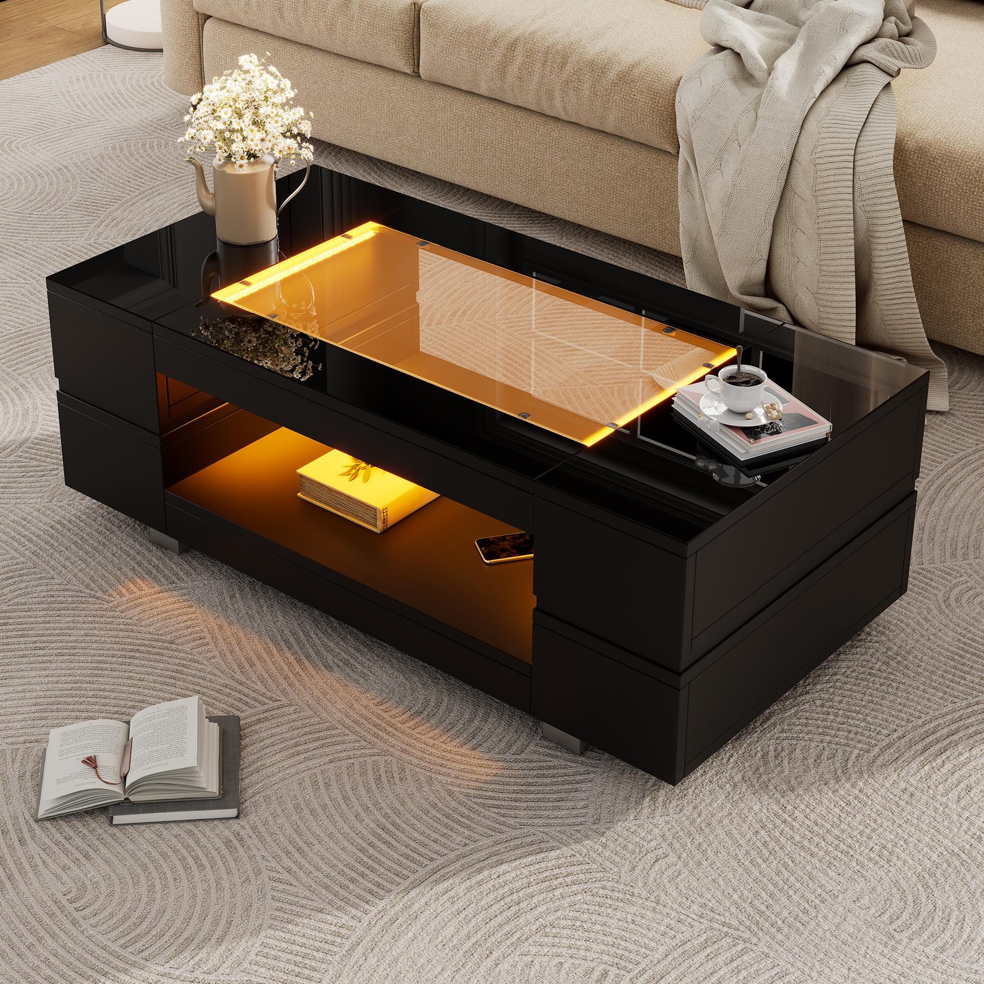 Modern LED Hollow Coffee Table with App-Controlled Light Strip, Desk with High-Gloss Toughened Glass Top, 100L x 50W x 35H cm, Black | Aosom UK