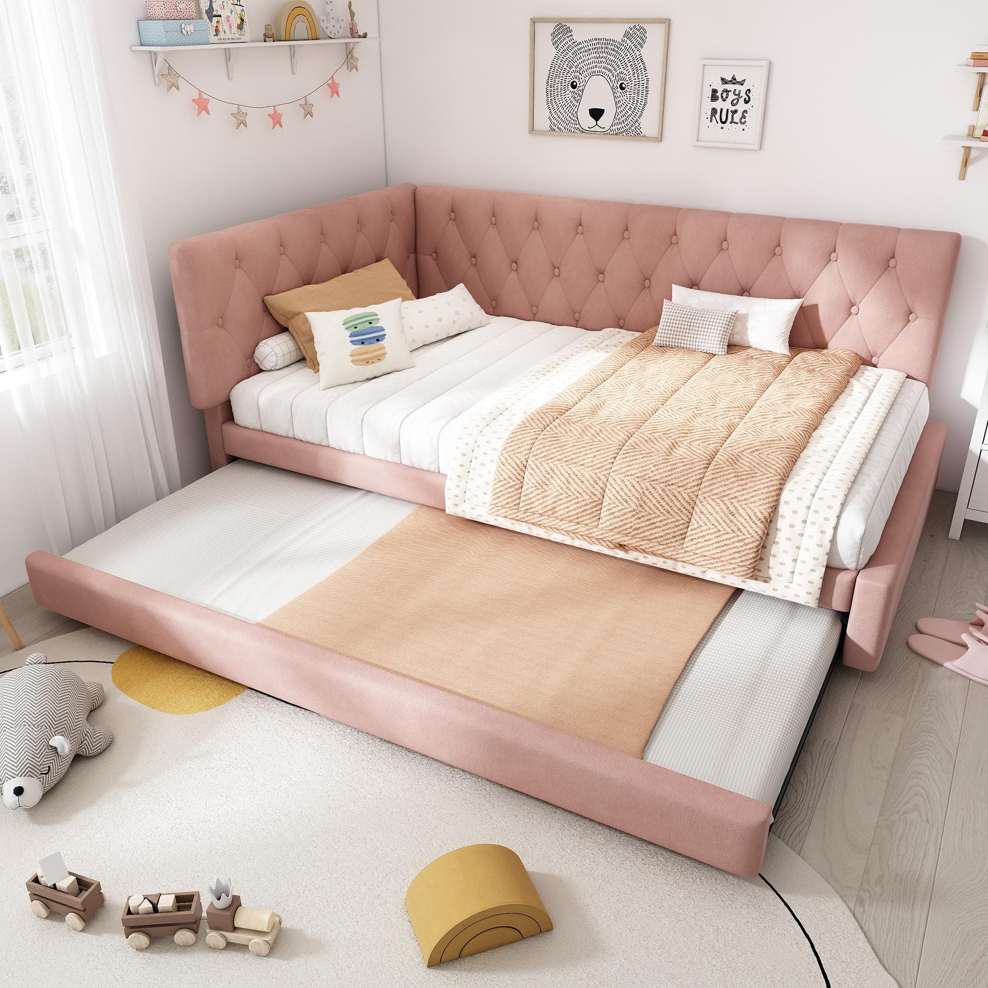 Upholstered Daybed with Pull-Out Trundle and Slatted Base, Velvet Single Sofa Bed for Adults and Kids, 202L x 105W x 83H cm, Pink | Aosom UK